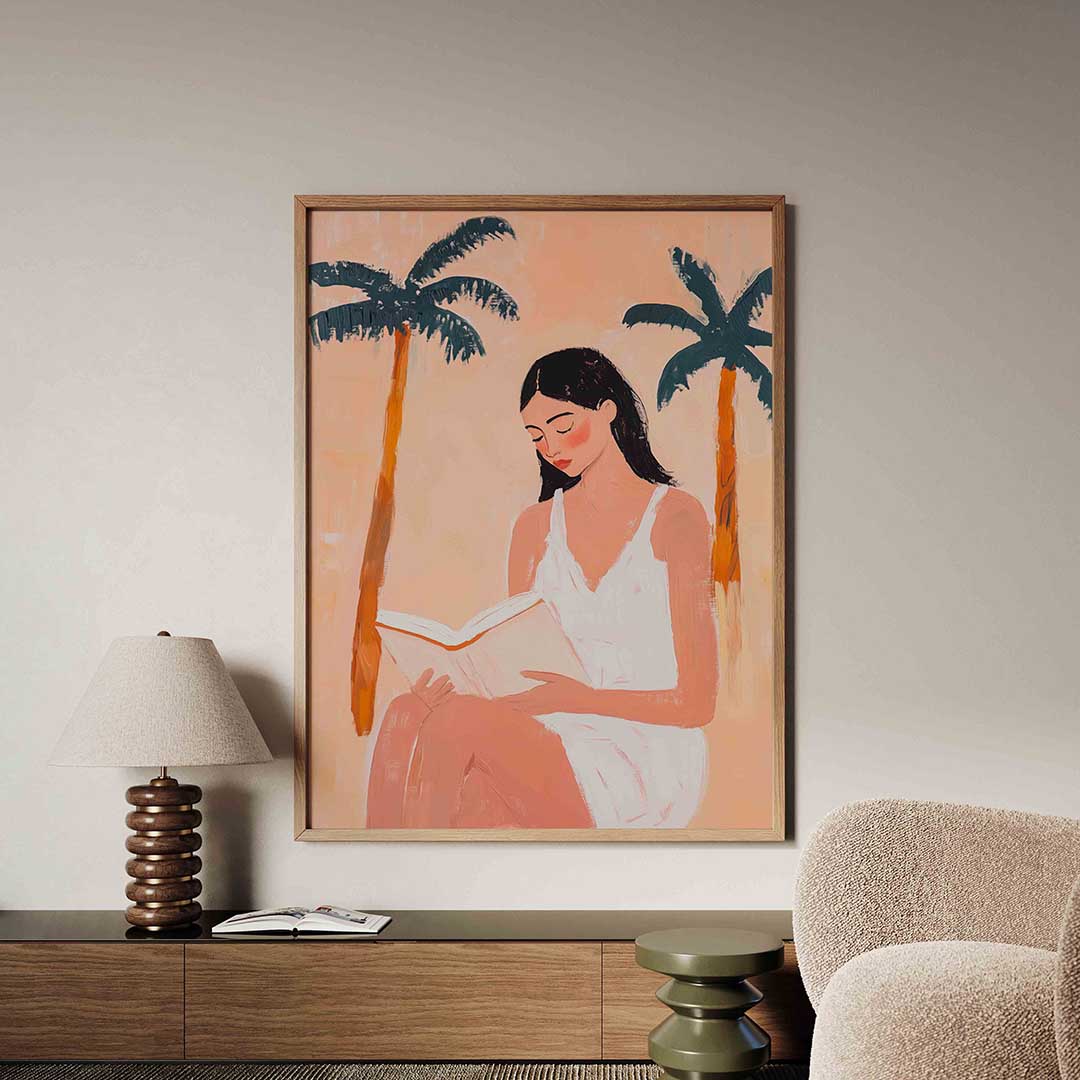 Lezende vrouw met palmbomen Poster
