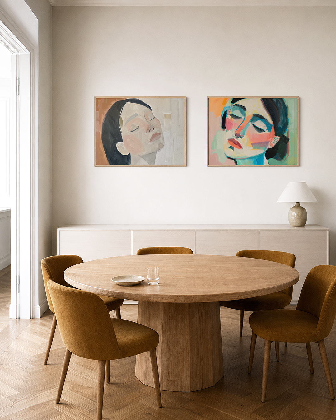 Interieurpresentatie van twee posters met een gezicht in zachte, vloeiende lijnen en fijne kleurvlakken