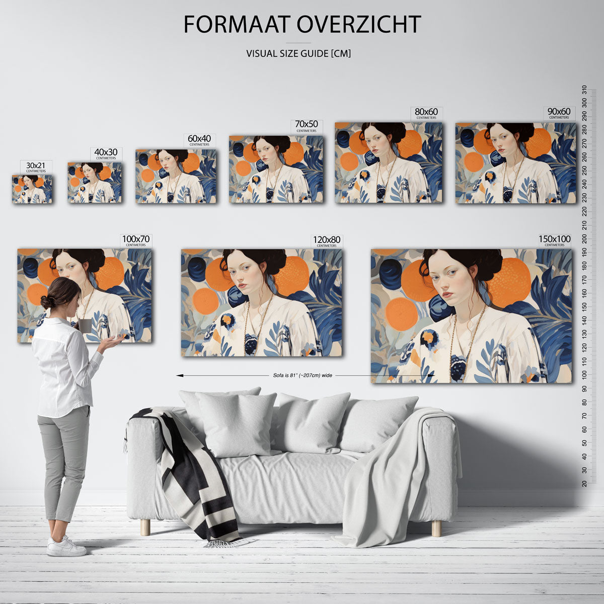 Vrouw met oranje en blauwe accenten Poster
