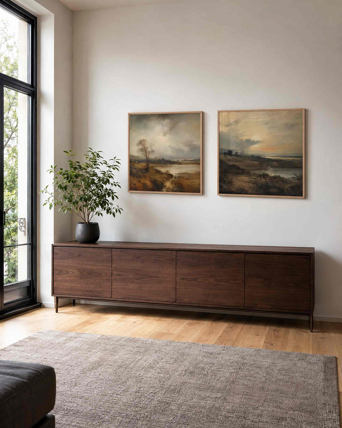 Interieurpresentatie van een tweedelige vierkante posterset met rivierlandschap