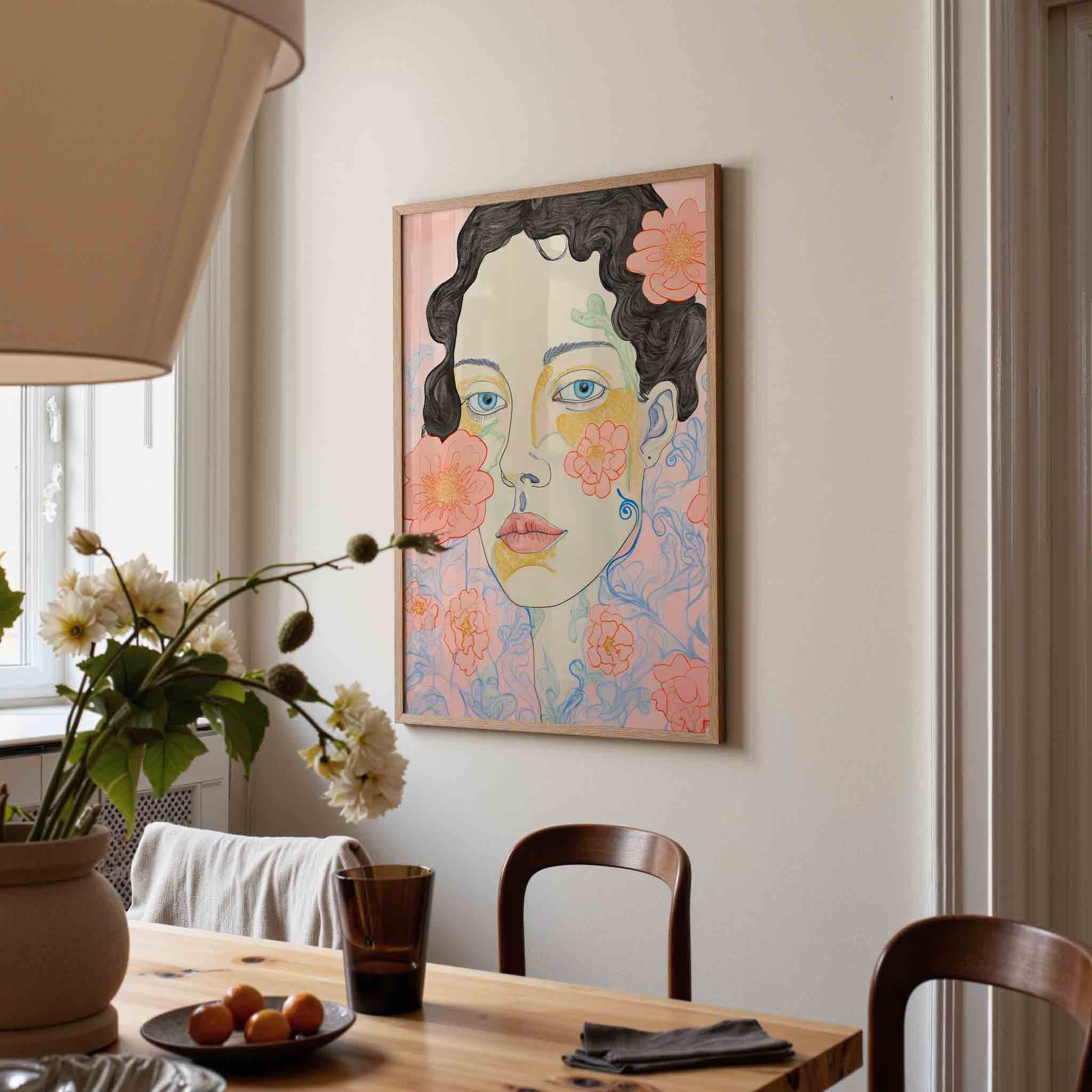 Vrouwelijk gezicht met bloemen Poster