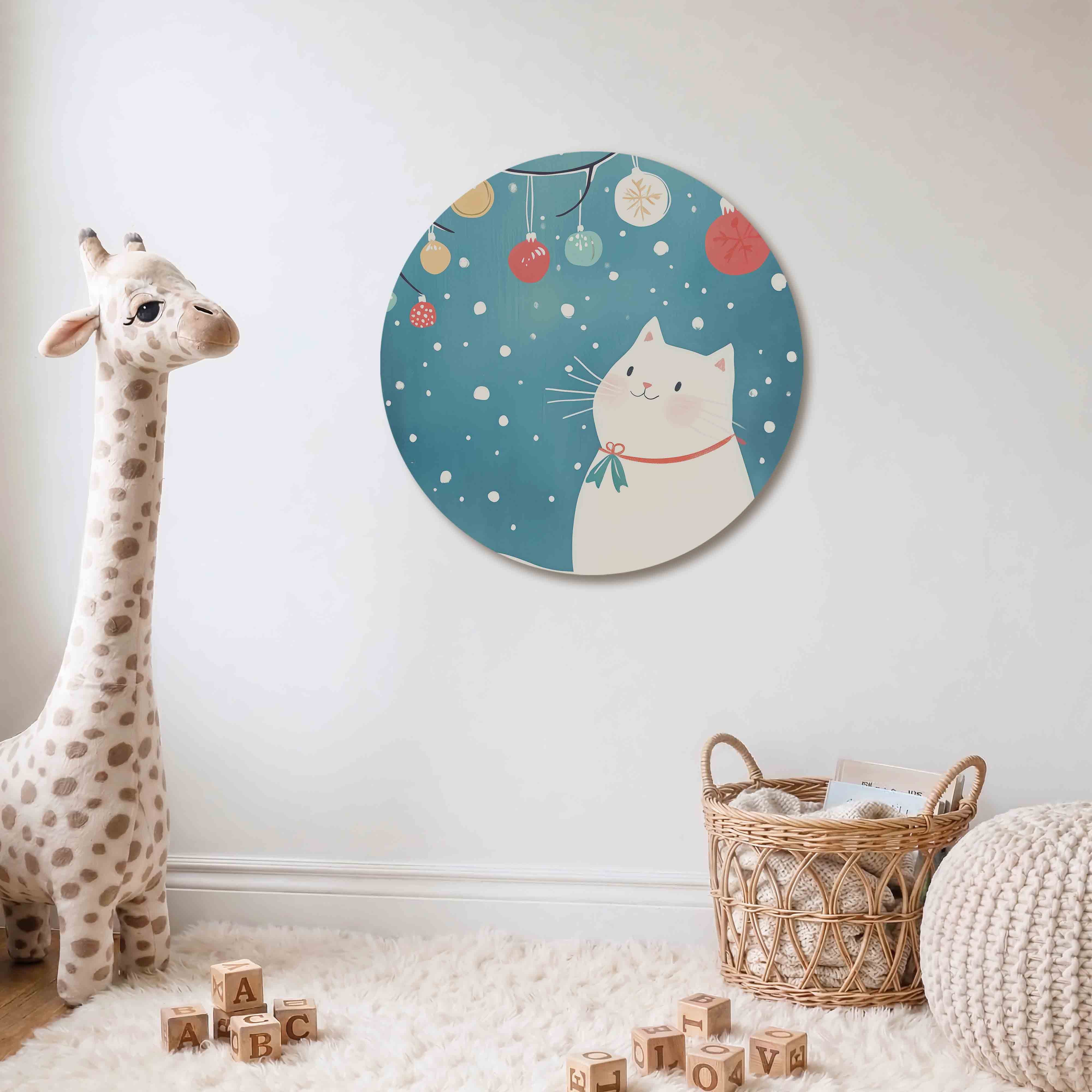 Witte kat met kerstballen Muurcirkel