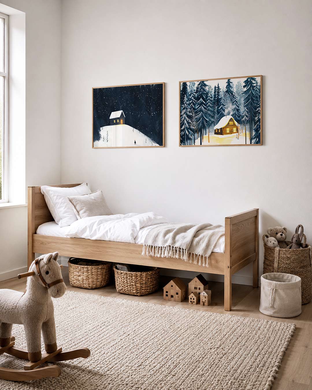 Tweedelige posterset met een eenzaam huisje op een besneeuwde heuvel, omgeven door donkere bomen, getoond in een interieur