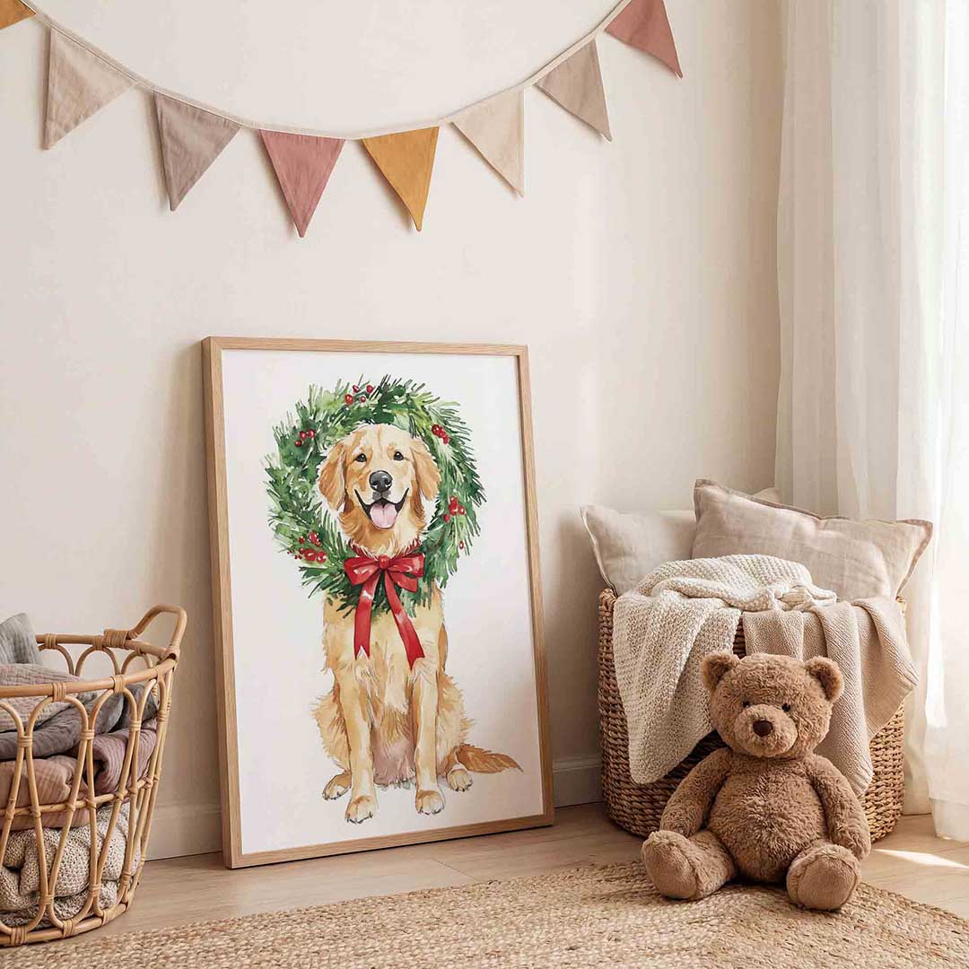 Hond met kerstkrans Poster