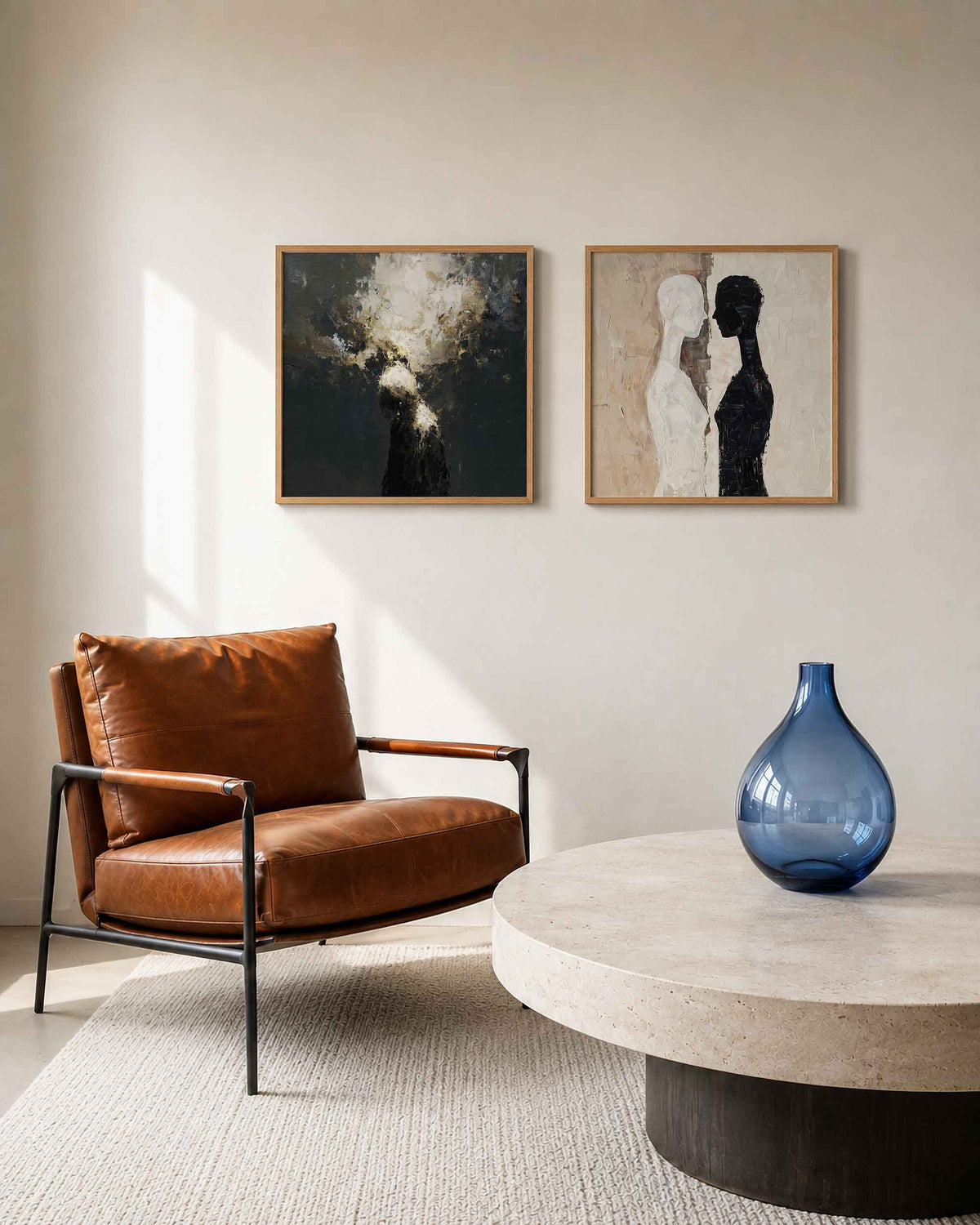 Interieurpresentatie van een tweedelige vierkante posterset met twee figuren