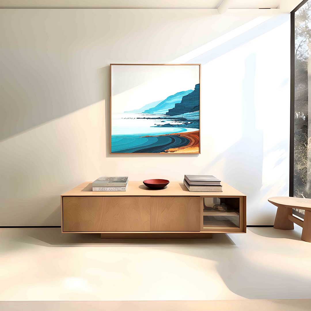 Kustlijn met blauwe en oranje tinten Poster