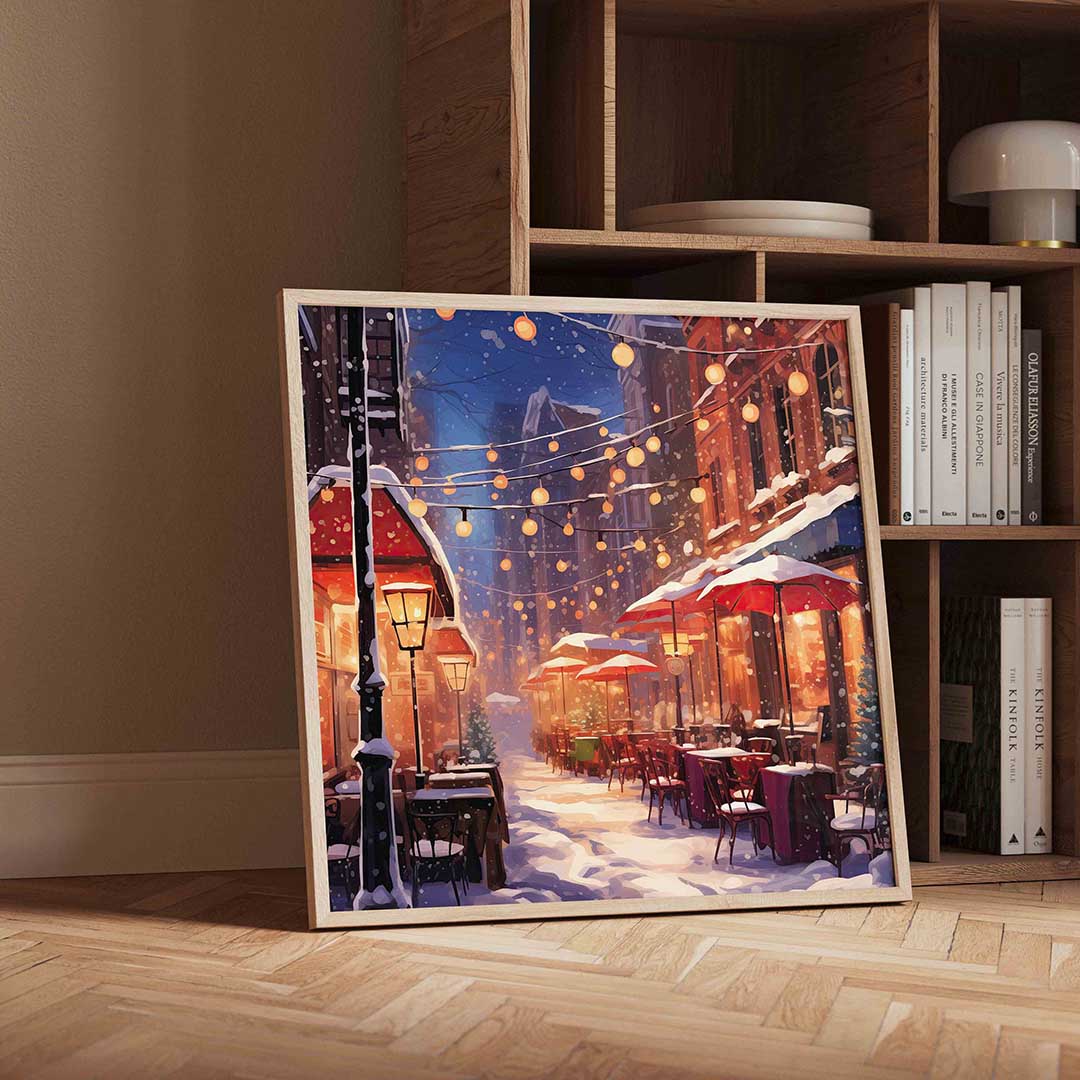 Sneeuwstraat met lichten Poster