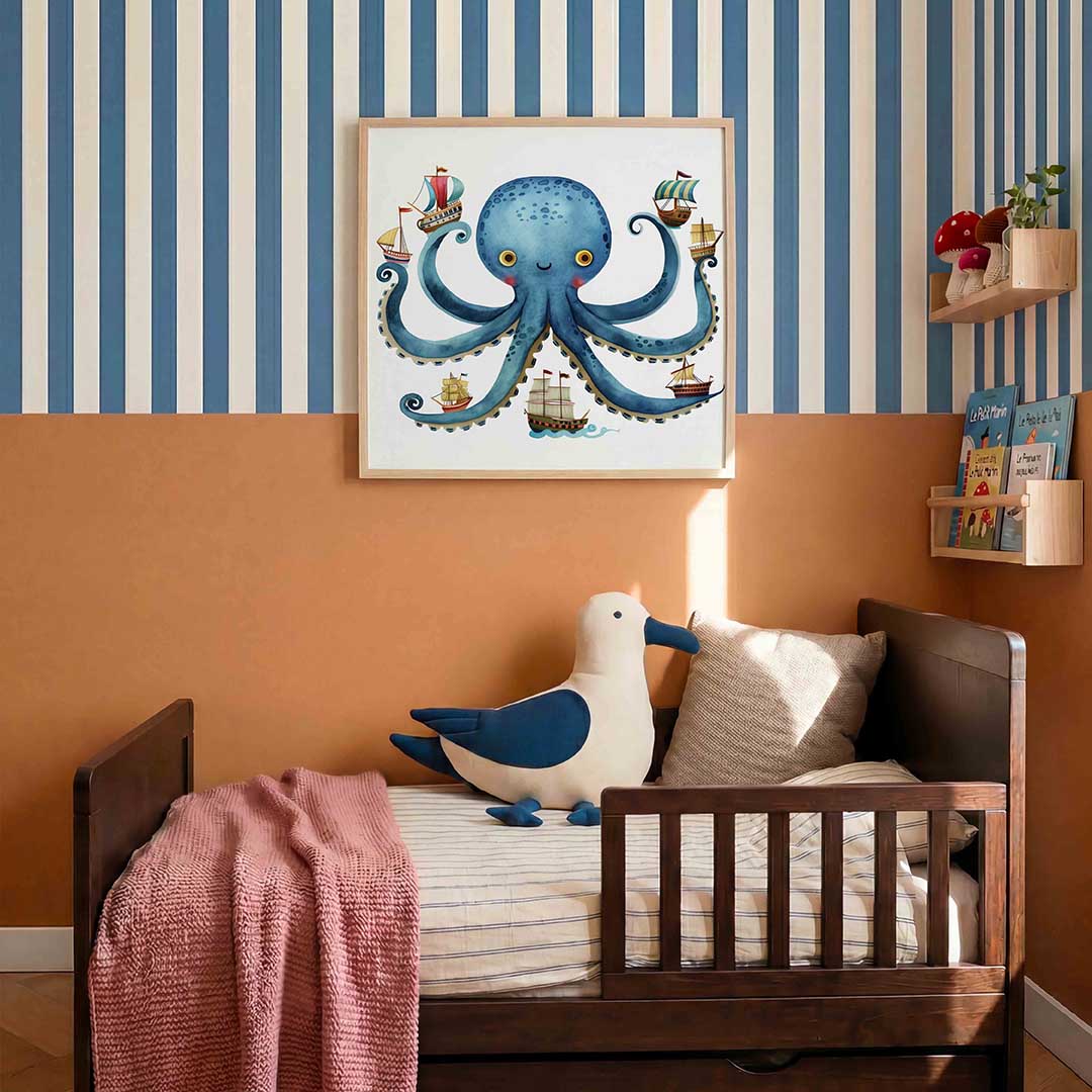 Blauwe octopus met schepen Poster