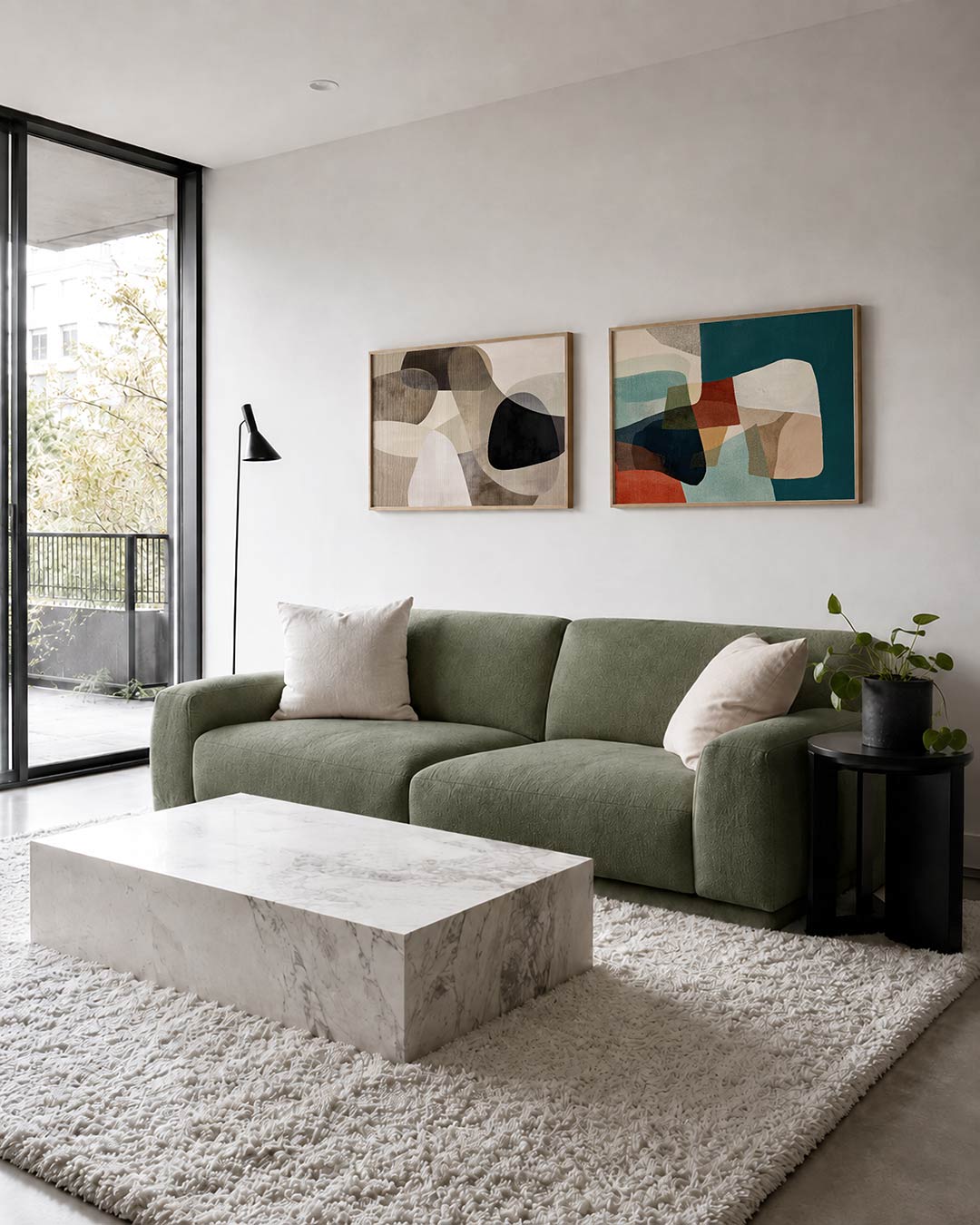 Tweedelige posterset met zachte, overlappende vormen in aardetinten, getoond in een interieur