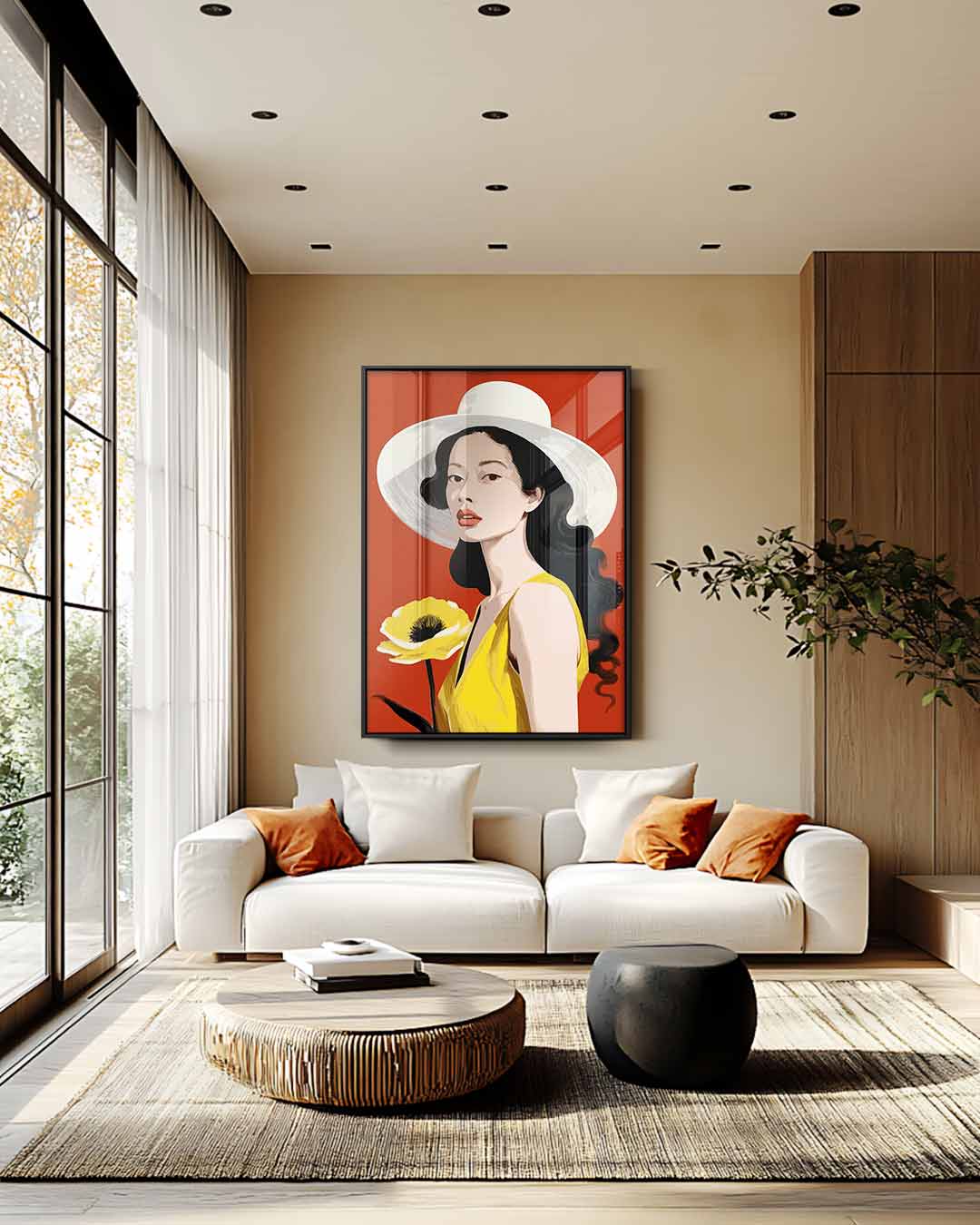 Vrouw en Bloem in Zomerhoed Kunstwerk-canvas-dibond-plexiglas-wanddecoratie-WallArtistic