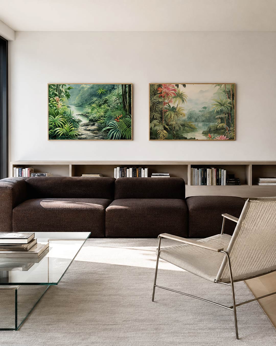 Tweedelige posterset met weelderig groen met een rustige rivier, getoond in een interieur