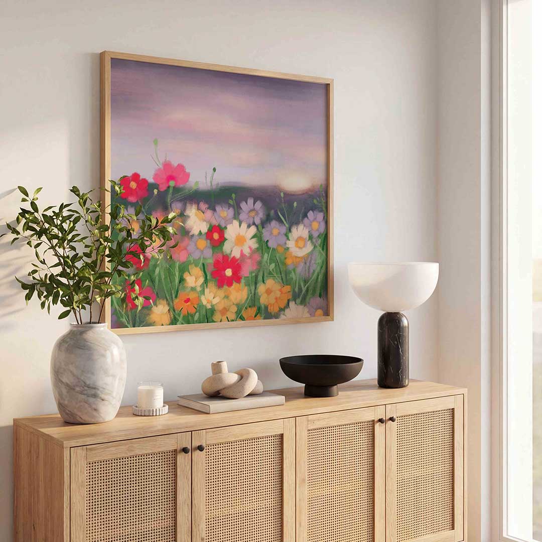 Bloemenveld bij zonsondergang Poster