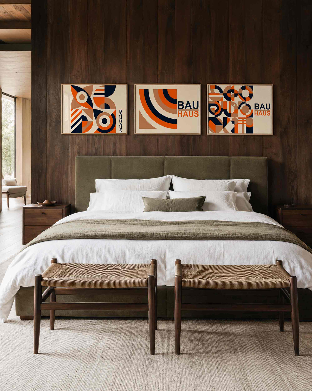 Interieurmockup van drieluik landscape-posterset met oker oranje ronde vormen
