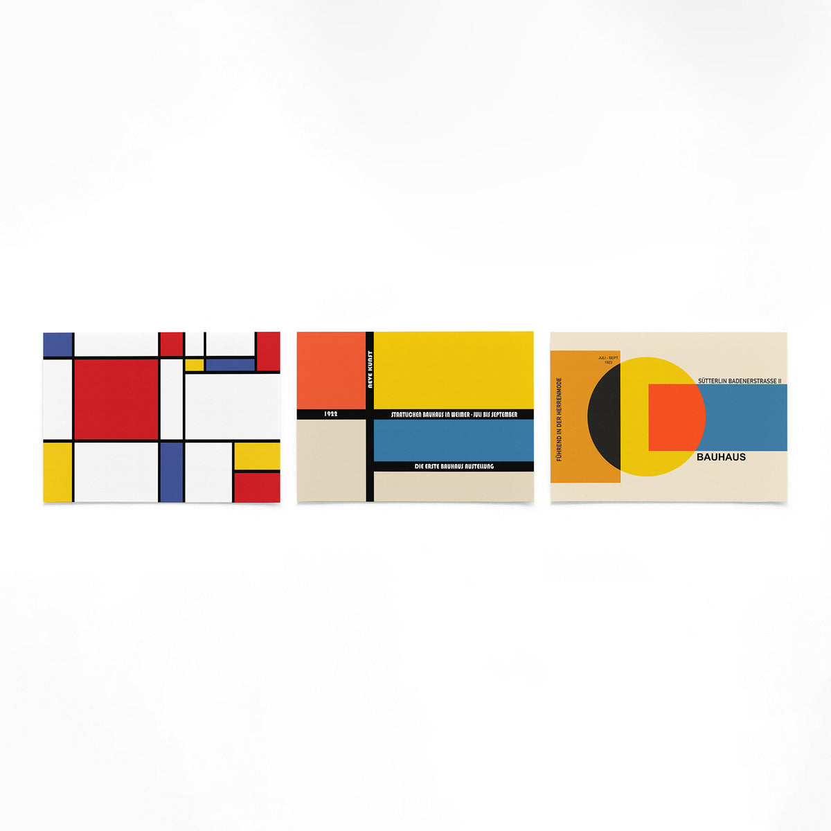 Drie landscape posters met kleurvlakken en typografie als vrijstaande productfoto