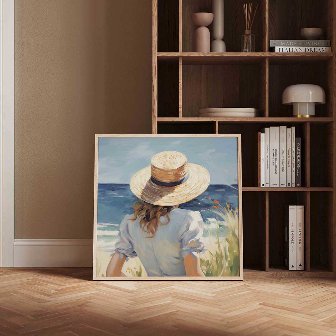 Vrouw met hoed bij zee Poster