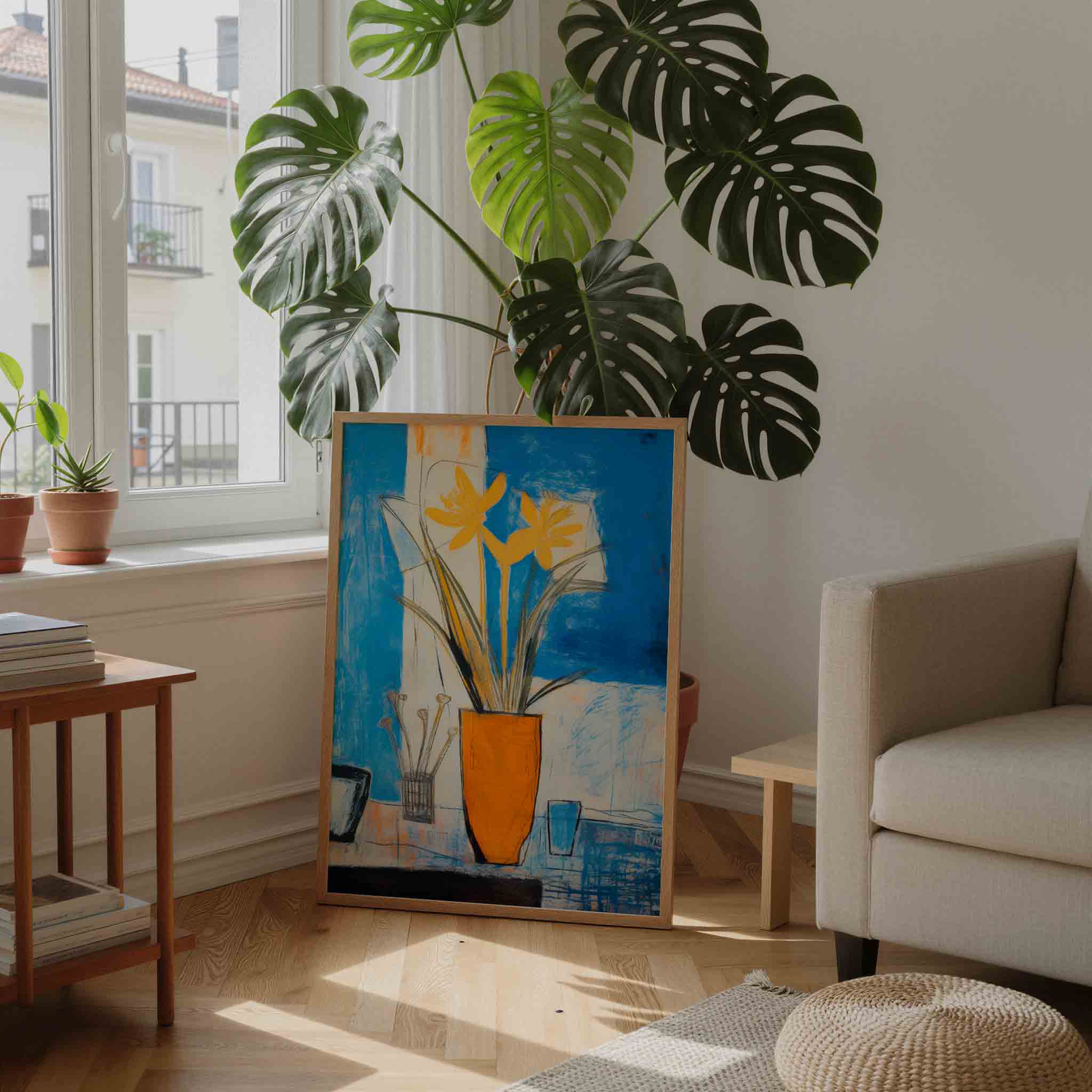 Gele bloemen in oranje vaas Poster