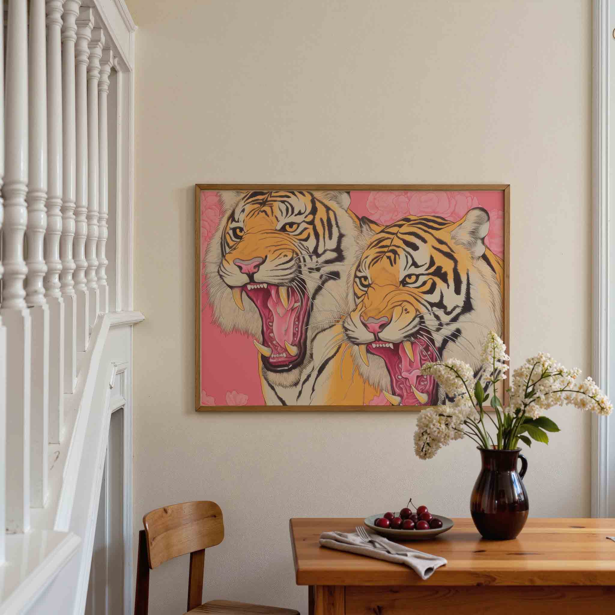 Twee tijgers op roze achtergrond Poster