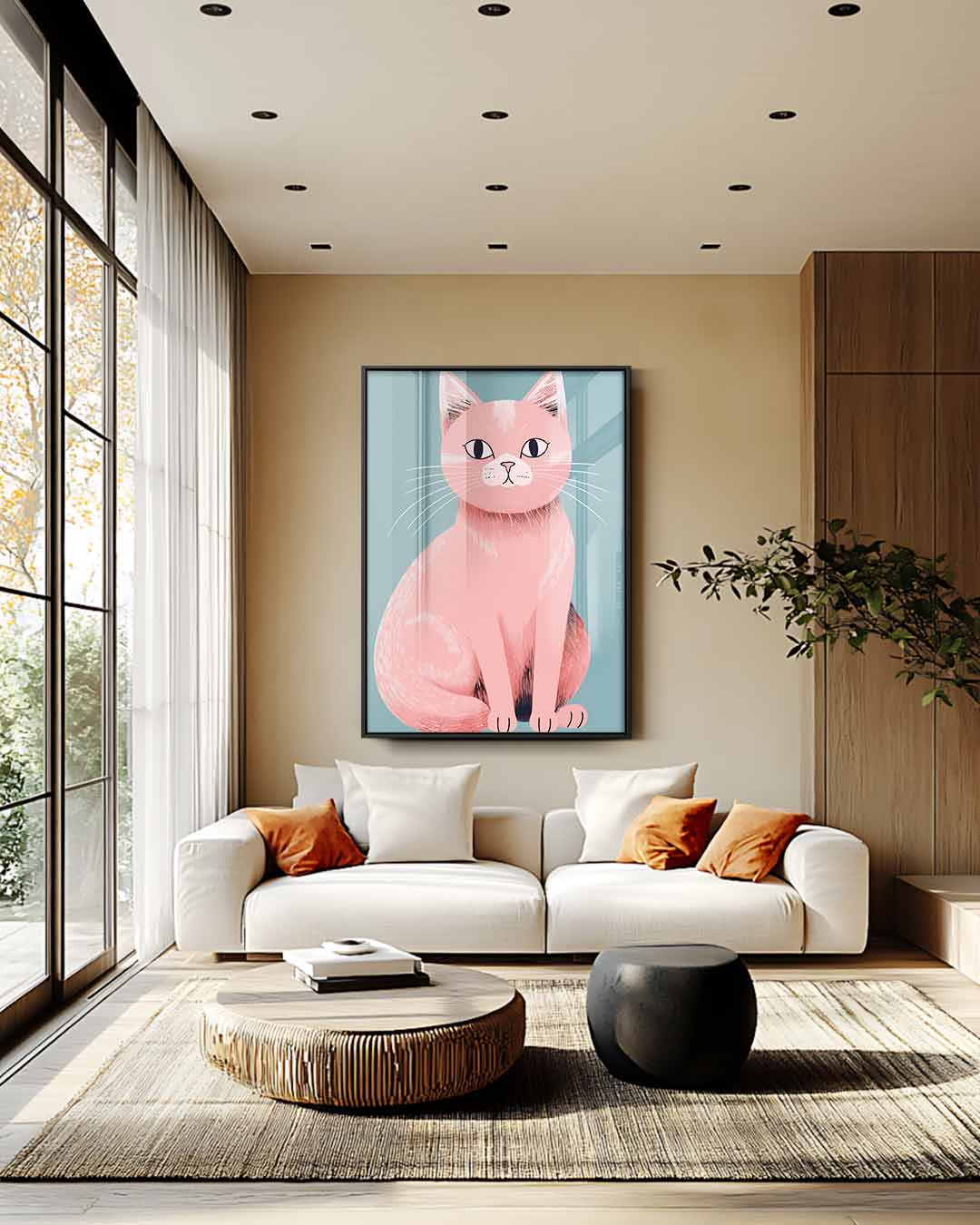 Roze Kat Illustratie Kunstwerk-canvas-dibond-plexiglas-wanddecoratie-WallArtistic