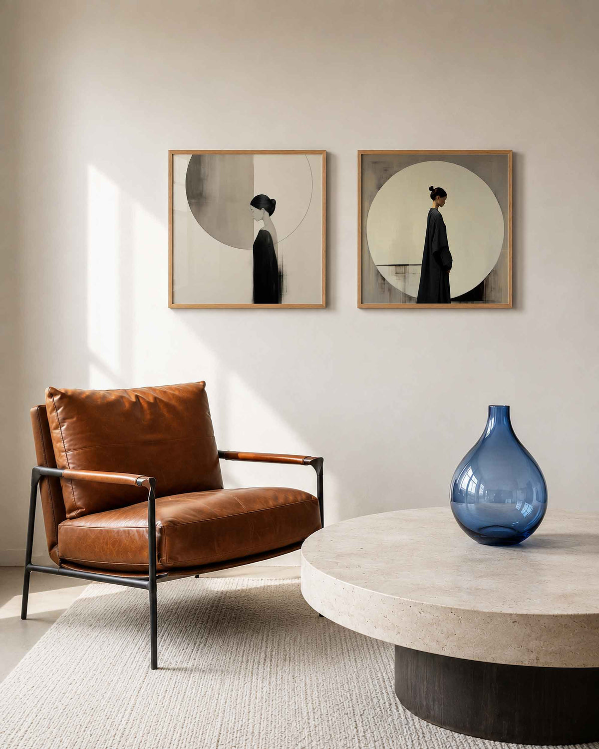 Interieurpresentatie van een tweedelige vierkante posterset met vrouwen in zwarte kleding