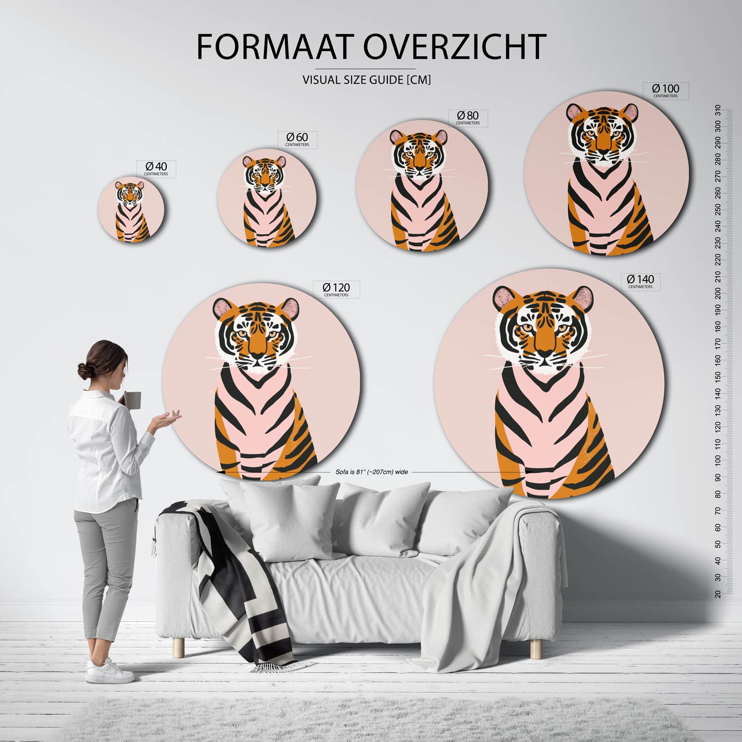 Tijger op roze Muurcirkel