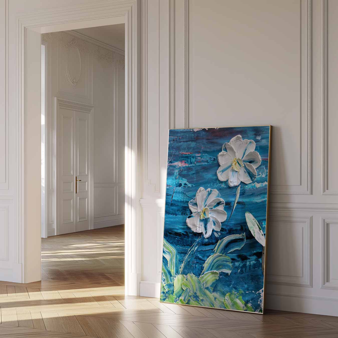 Bloemenpracht in Blauwe Penselen Poster-WallArtistic
