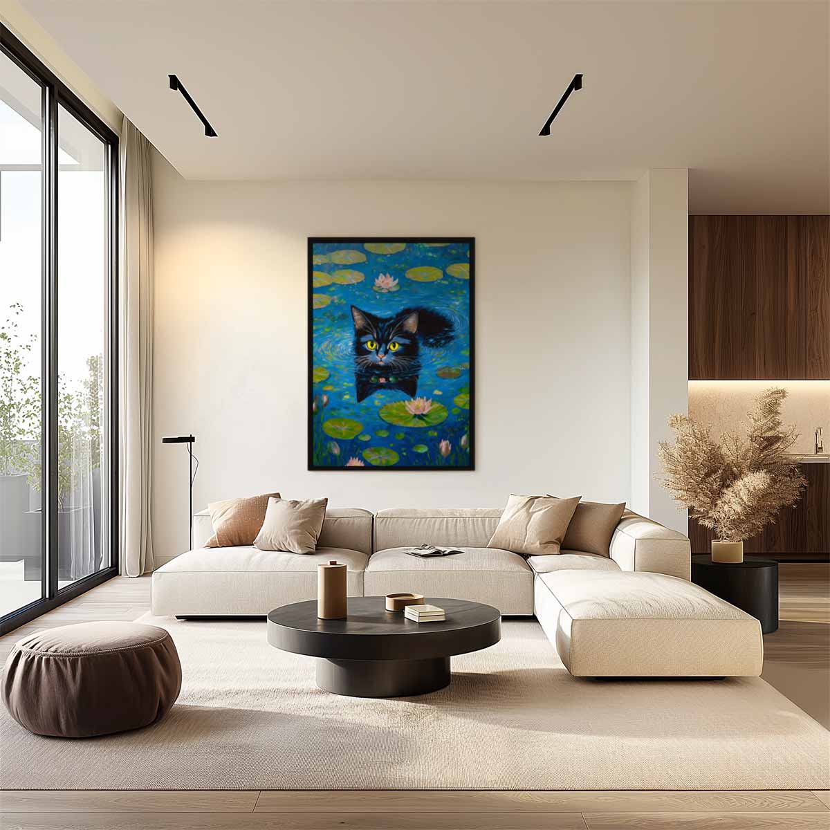 Zwemmende Kat in Watertuin Kunstwerk-canvas-dibond-plexiglas-wanddecoratie-WallArtistic