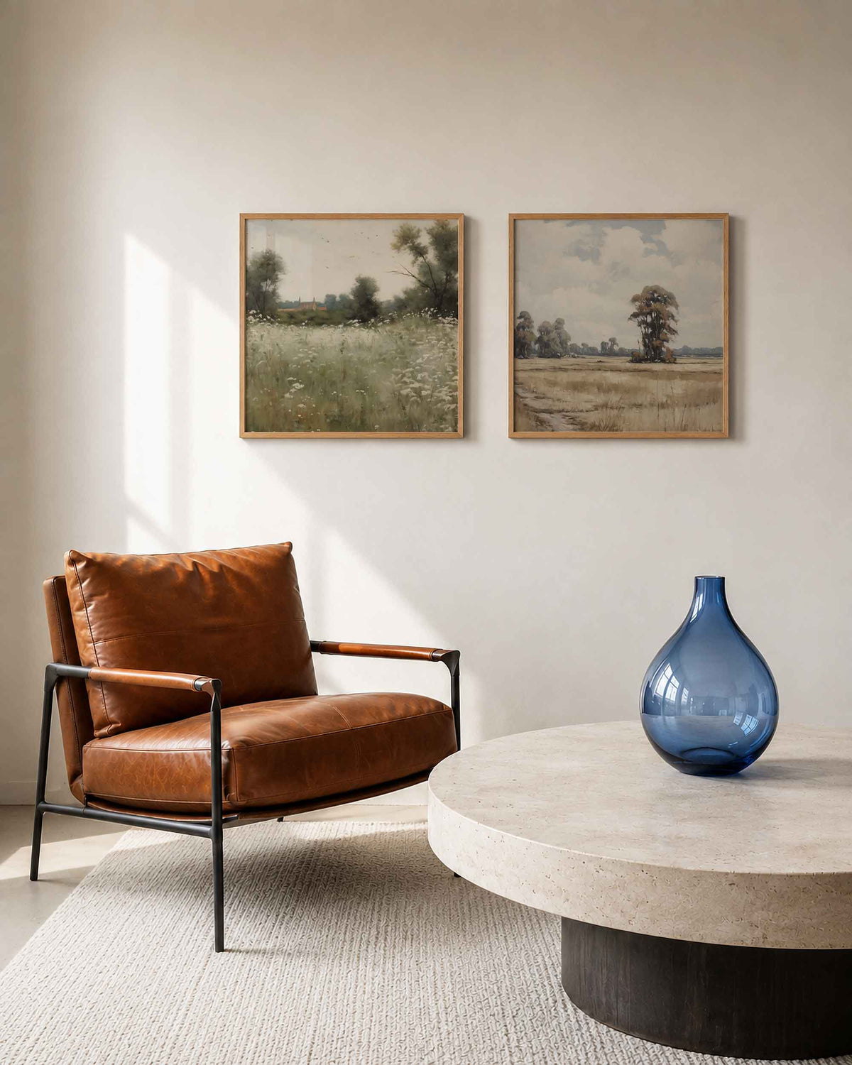 Interieurpresentatie van een tweedelige vierkante posterset met weidelandschap en bomen