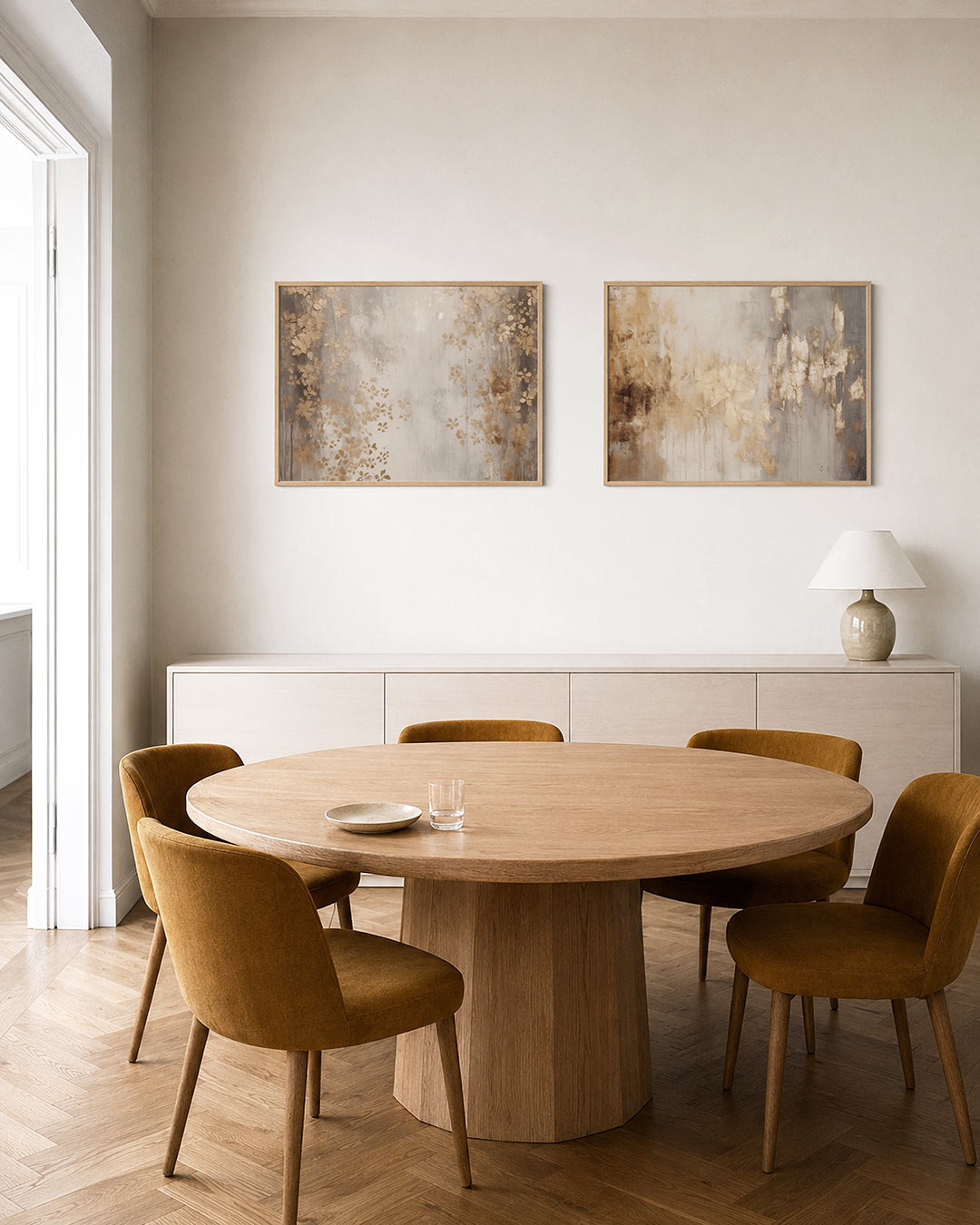 Twee liggende posters met een fijne mix van goudkleurige bladeren op een lichte achtergrond, aan de muur in een interieur