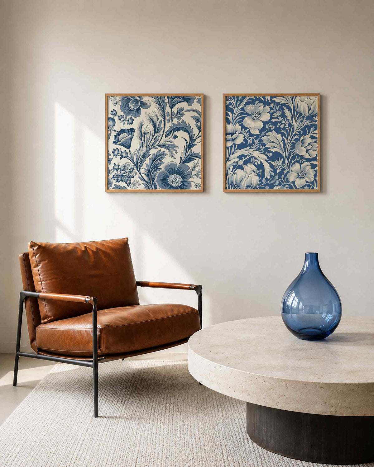 Interieurpresentatie van een tweedelige vierkante posterset met blauwe bloemen