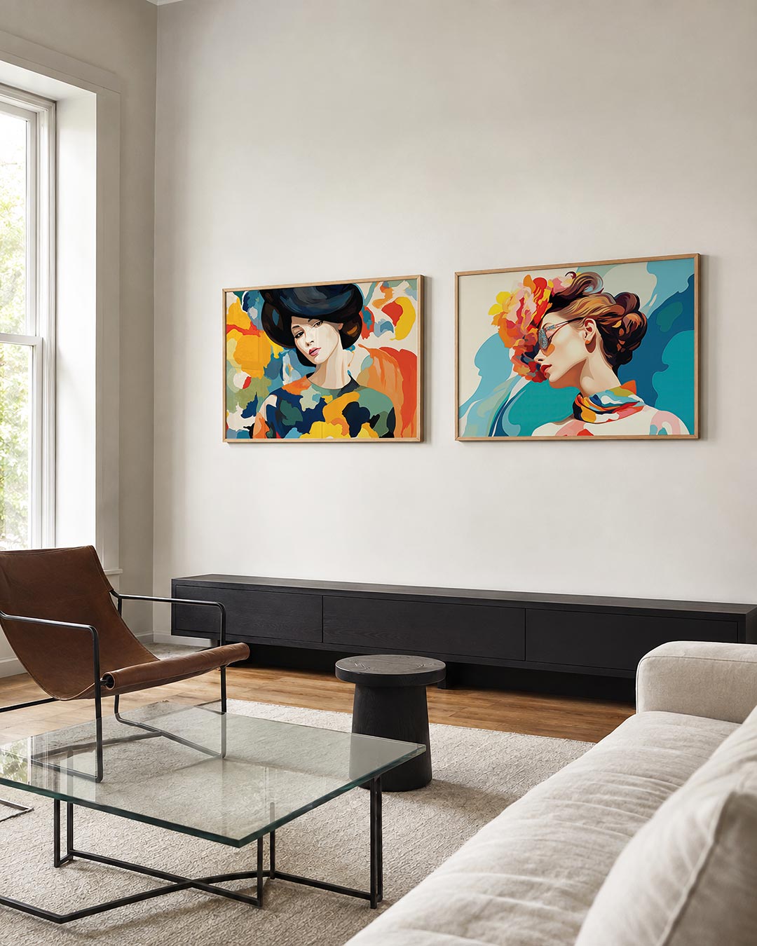 Interieurpresentatie van twee posters met een vrouw omringd door een levendige mix van kleuren en vormen