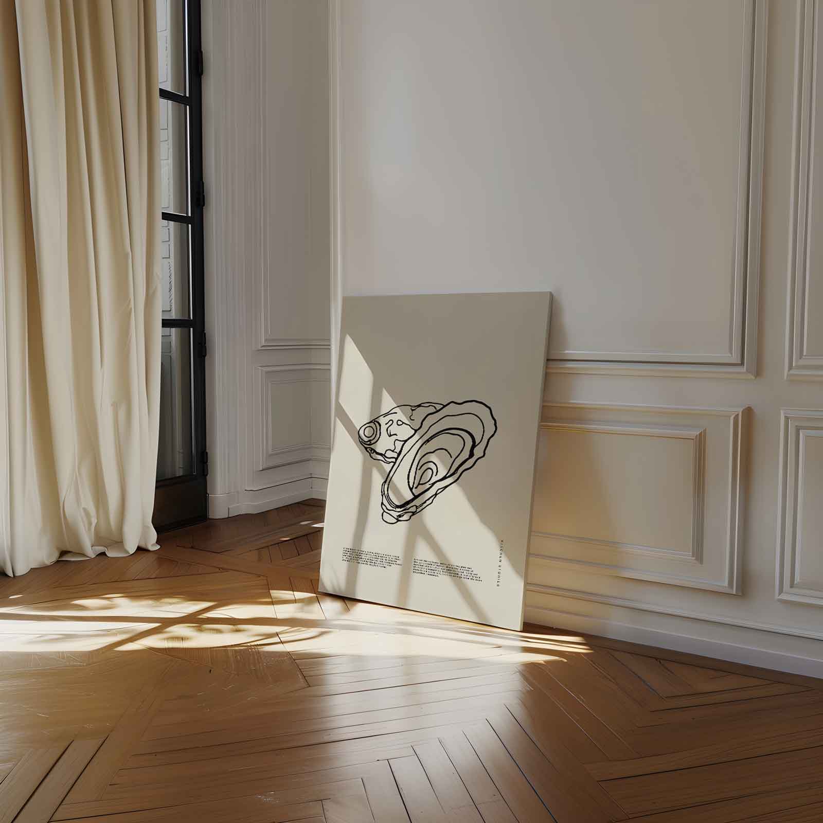 Oesterlijntekening op beige achtergrond Kunstwerk-canvas-dibond-plexiglas-wanddecoratie-WallArtistic