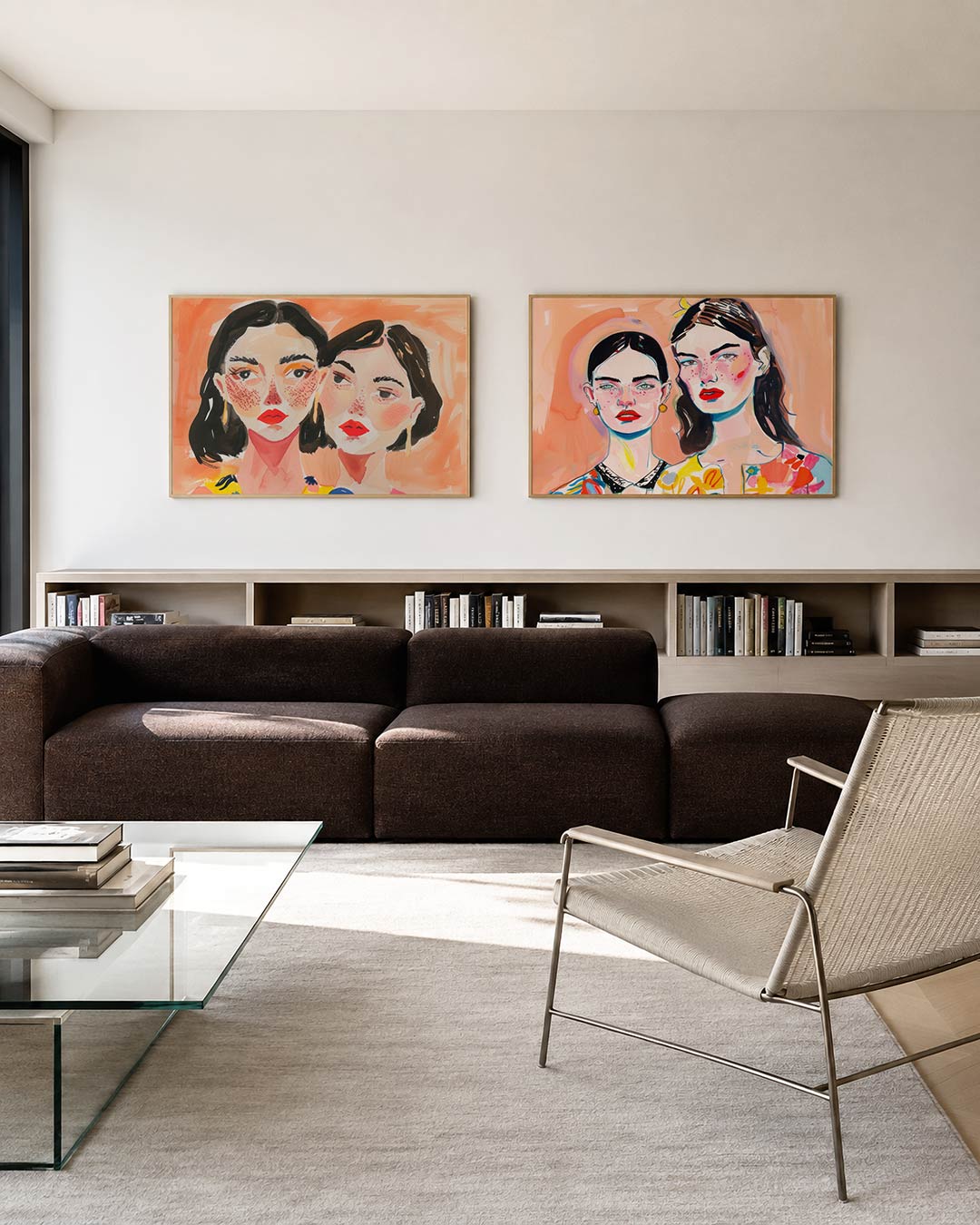 Tweedelige posterset met twee gezichten met levendige kleuren en speelse penseelstreken, getoond in een interieur