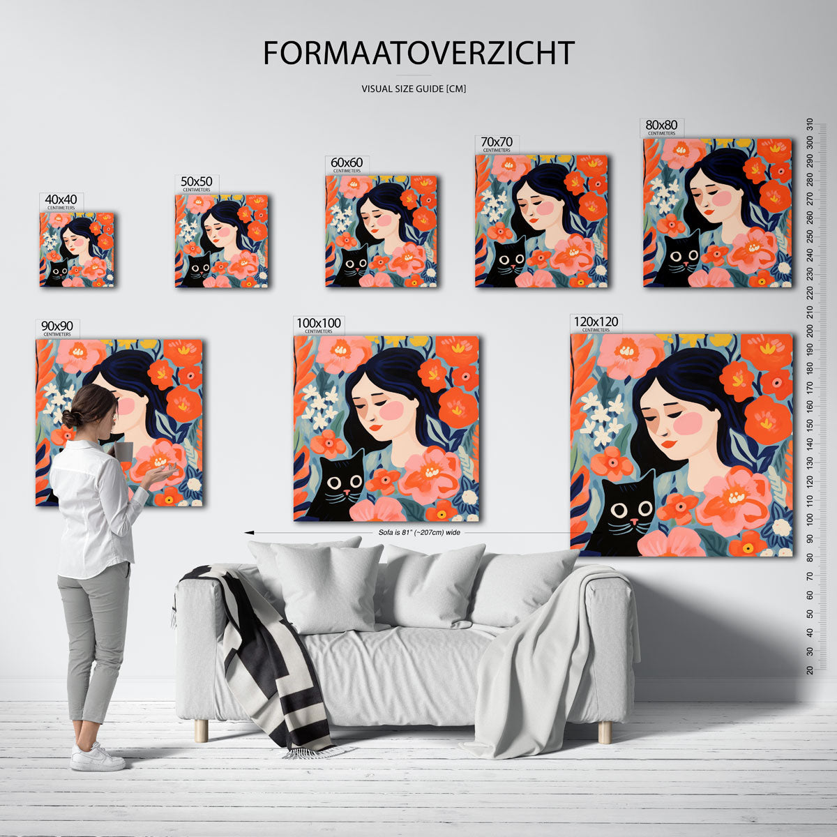 Vrouw en kat met bloemen Poster