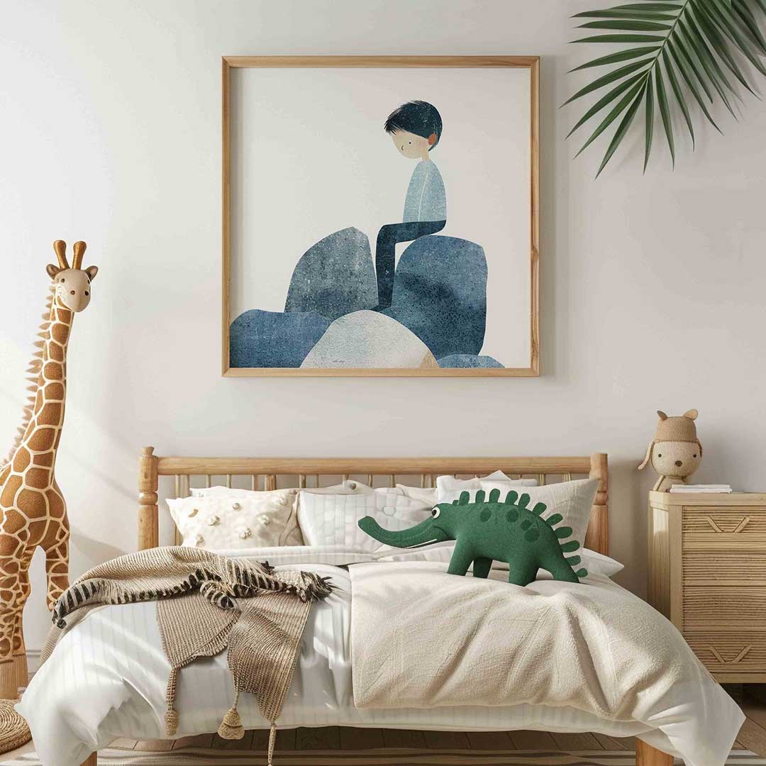Zittende figuur op stenen Poster