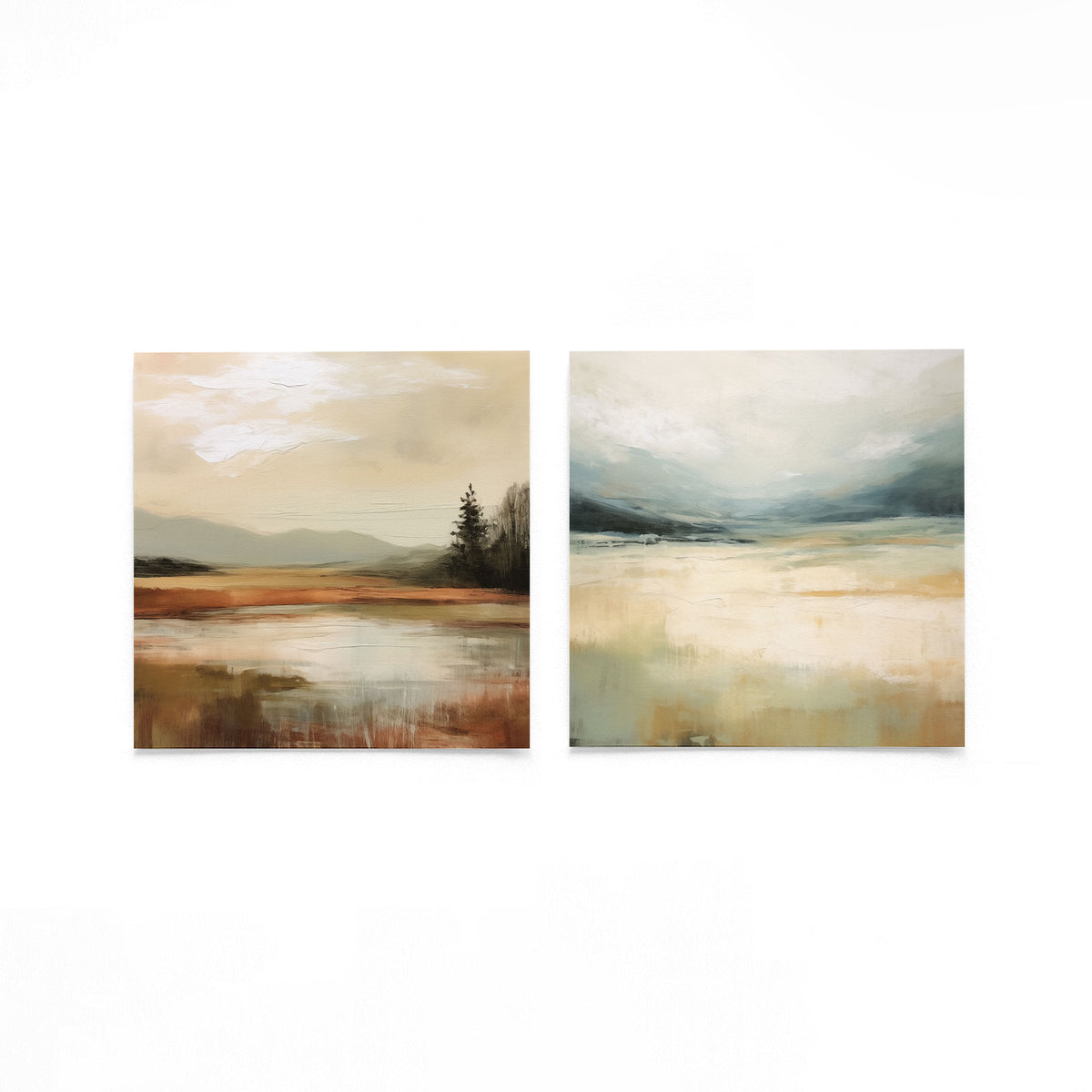 Twee vierkante posters met landschap met water op een gebroken witte achtergrond