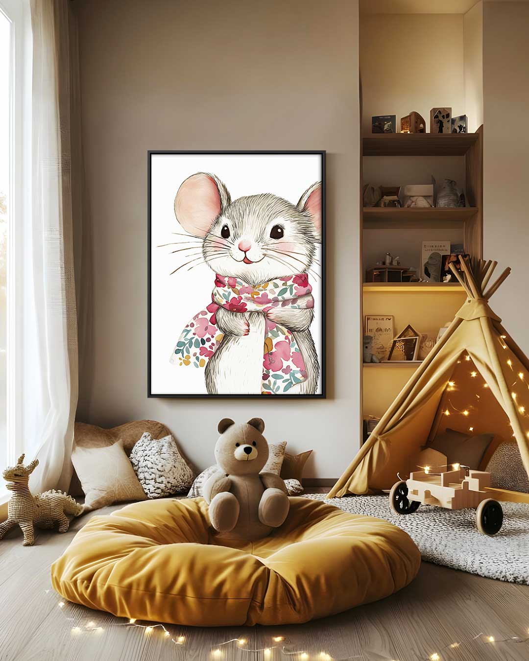 Schattige Muis met Bloemensjaal Kunstwerk-canvas-dibond-plexiglas-wanddecoratie-WallArtistic