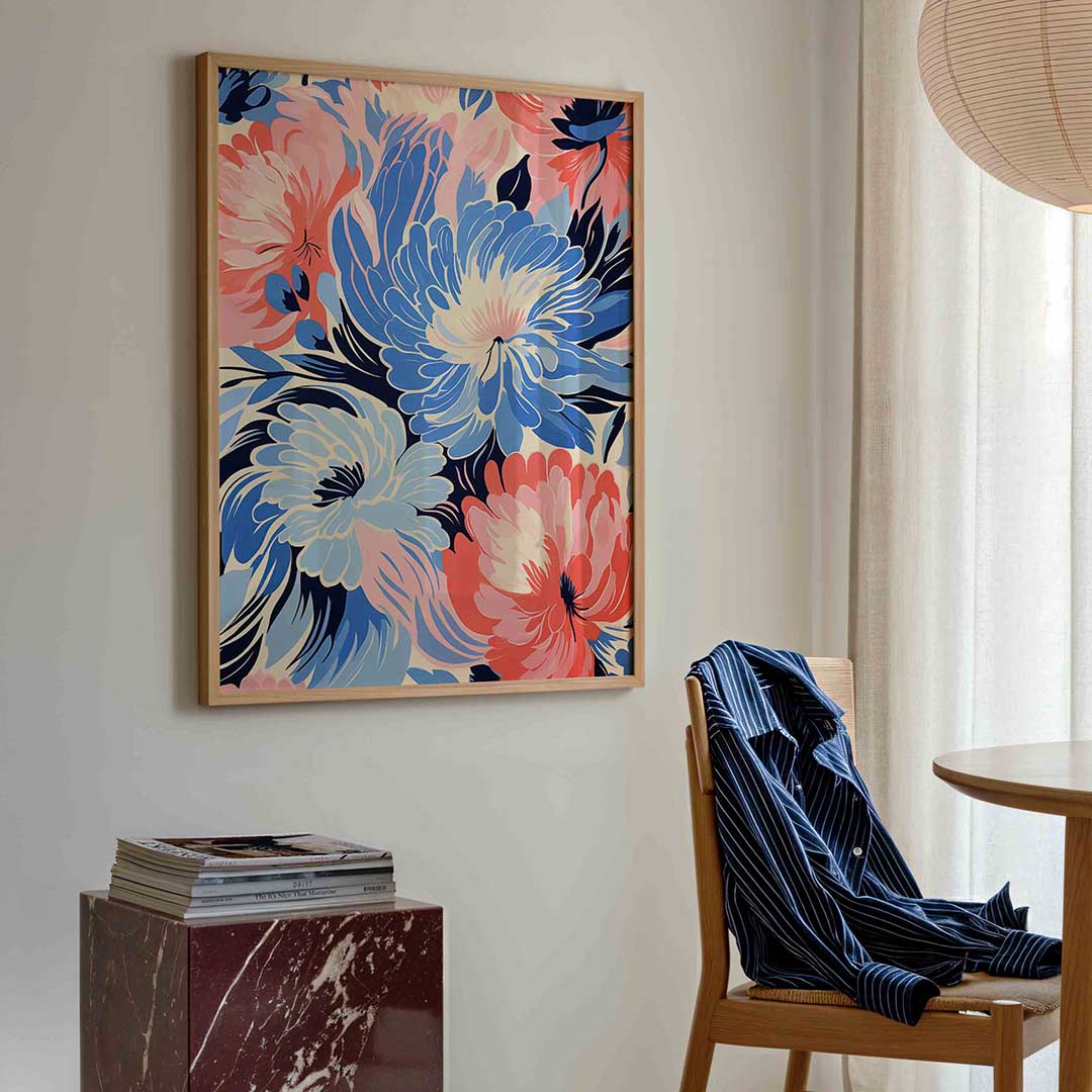 Bloemen in blauw en roze Poster