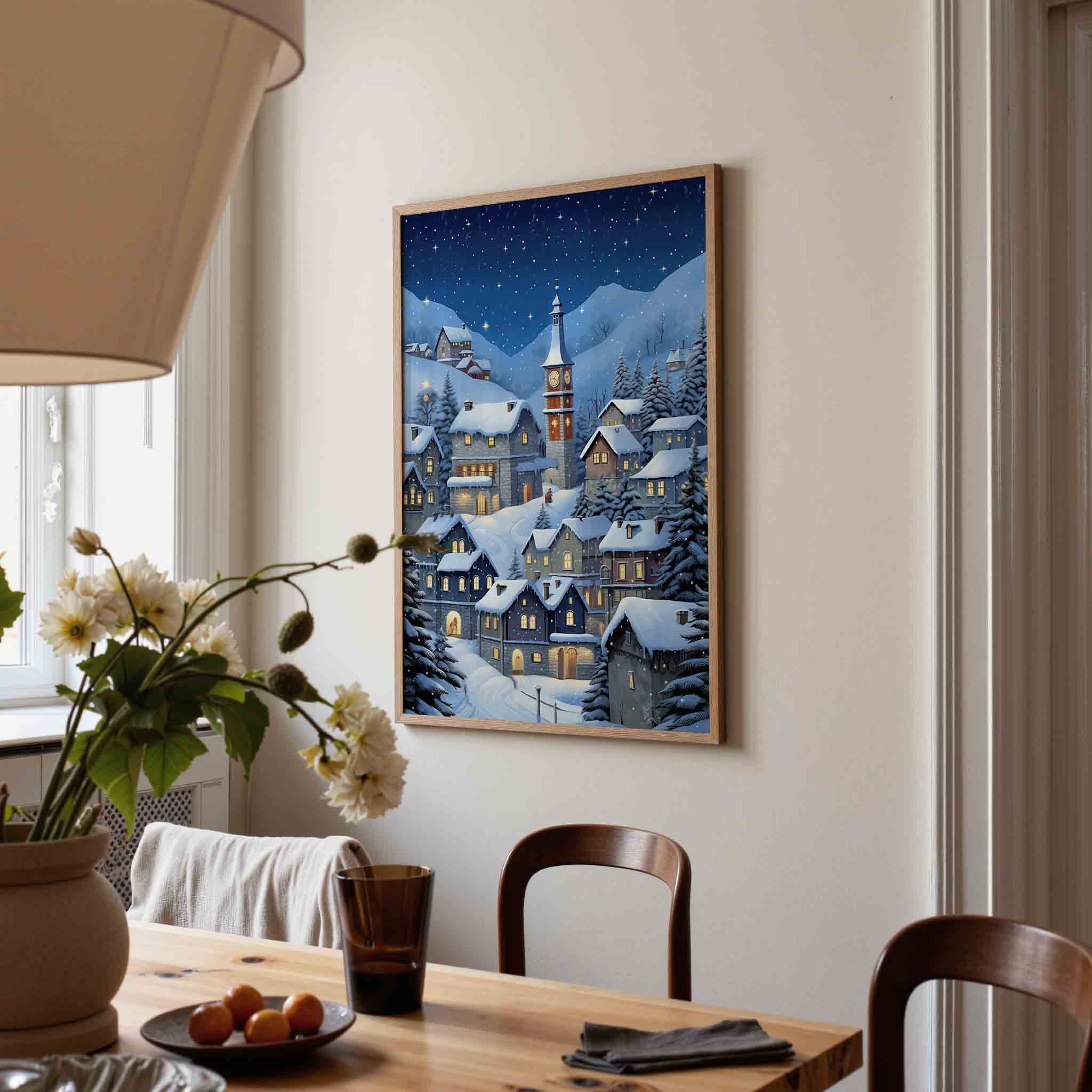 Sneeuwlandschap met huizen Poster