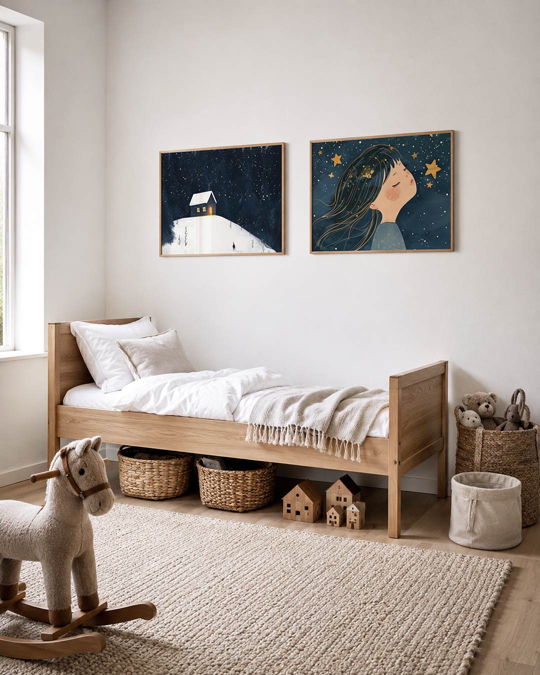 Twee liggende posters met een eenzaam huisje straalt warm licht uit, aan de muur in een interieur