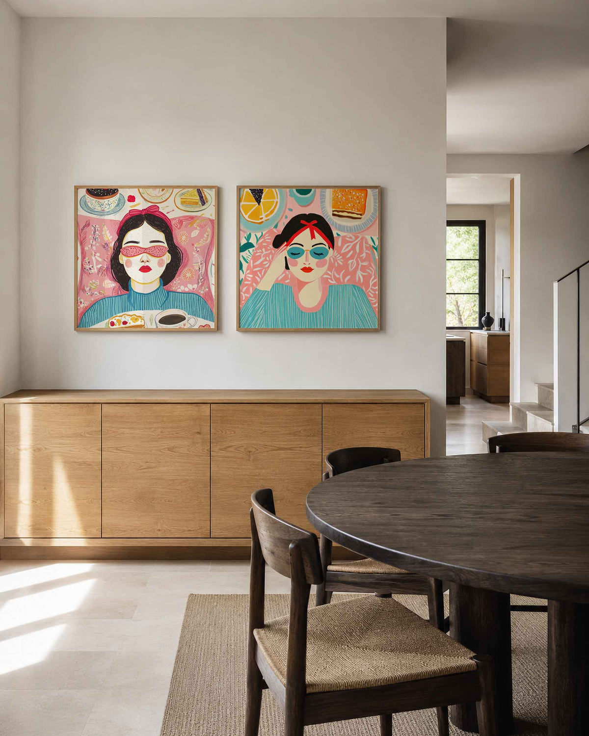 Interieurpresentatie van een tweedelige vierkante posterset met vrouwen met lekkernijen