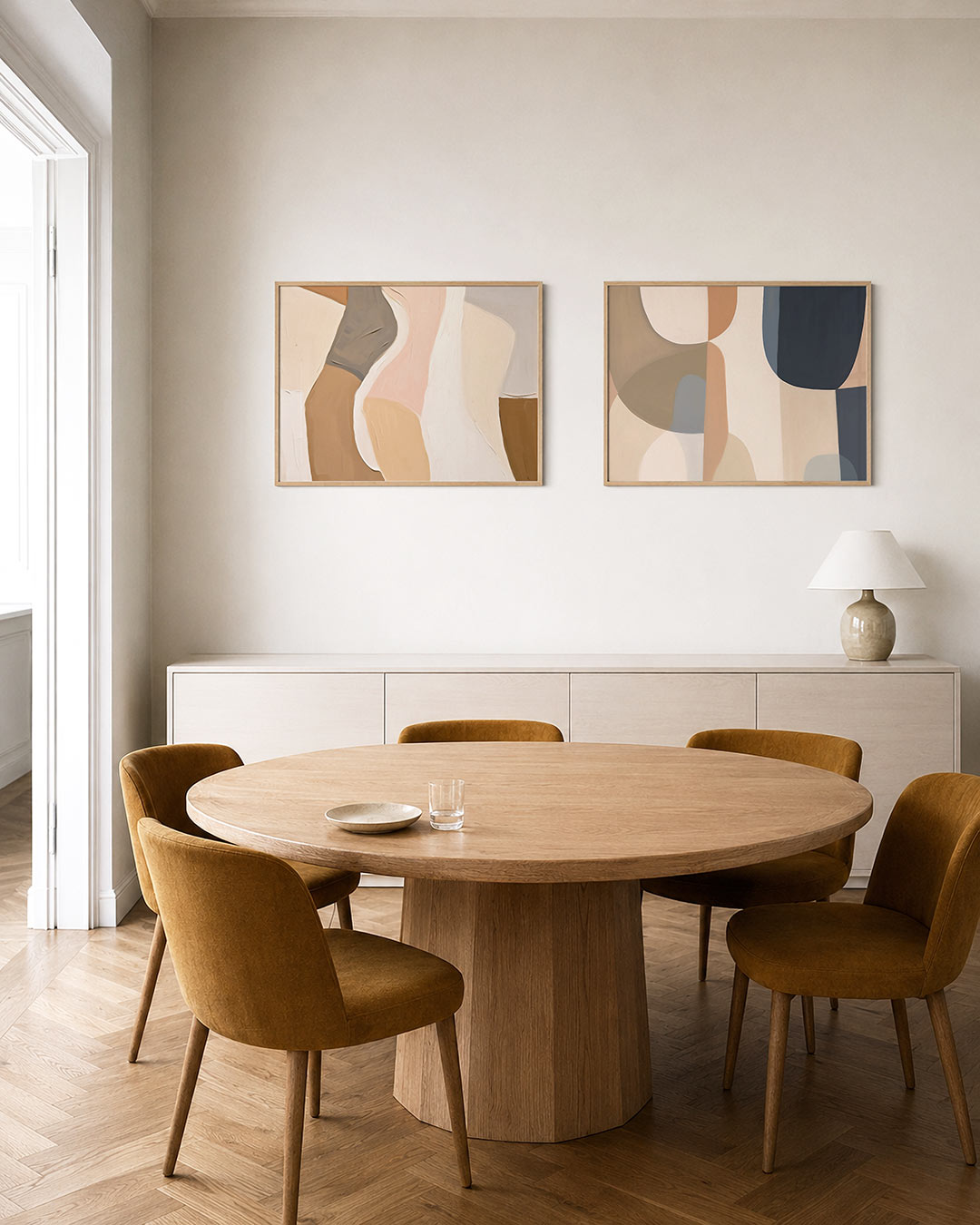 Twee liggende posters met vloeiende vormen in zachte beige, roze en grijze tinten, aan de muur in een interieur