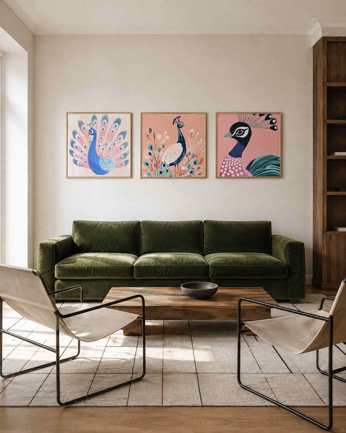Interieurpresentatie van een driedelige vierkante posterset met kleurrijke pauwen