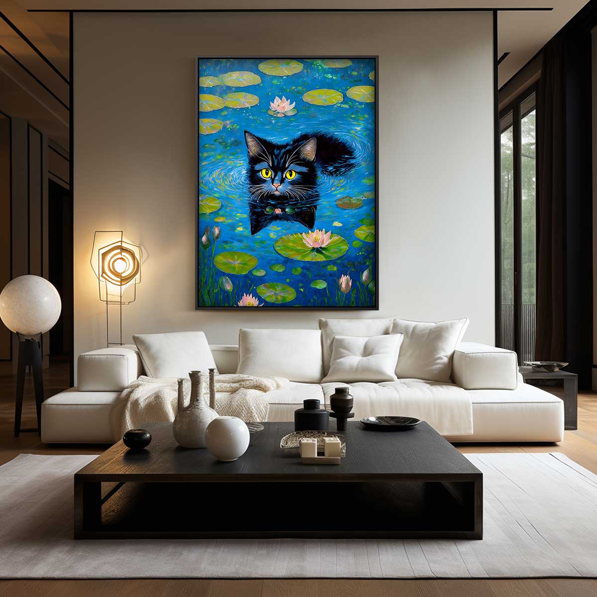 Zwemmende Kat in Watertuin Kunstwerk-canvas-dibond-plexiglas-wanddecoratie-WallArtistic