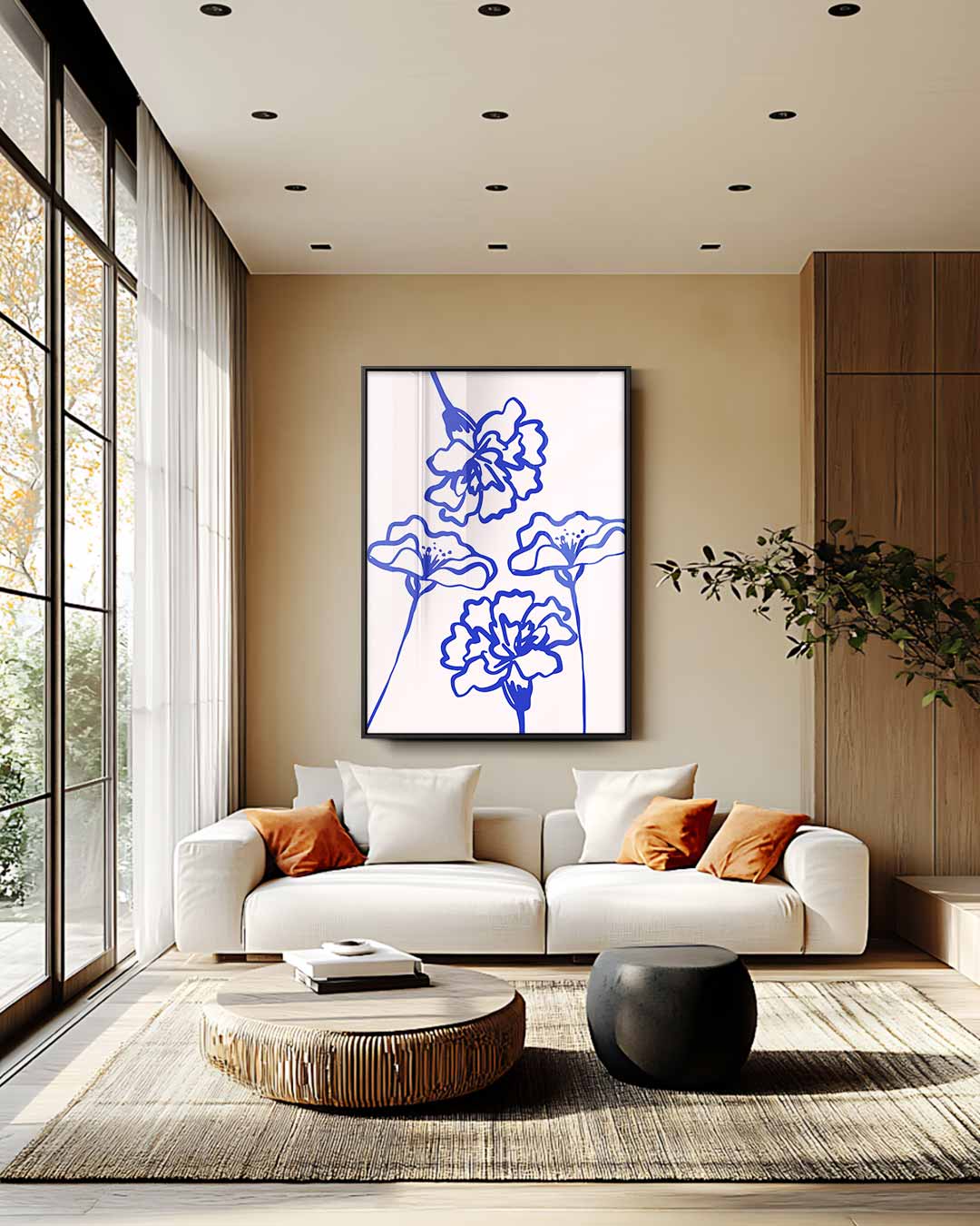 Bloemen in Blauwe Lijnen Kunstwerk-canvas-dibond-plexiglas-wanddecoratie-WallArtistic