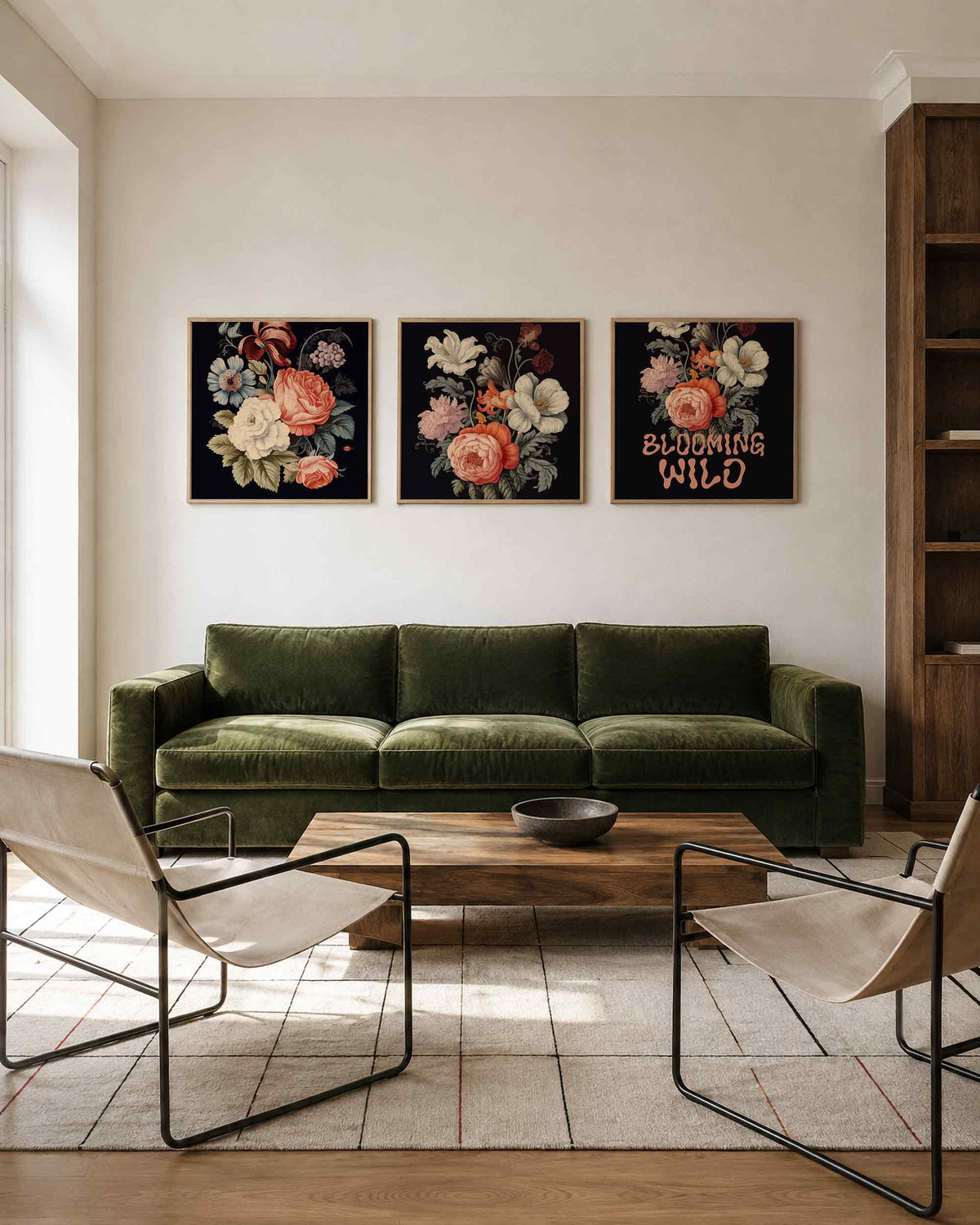 Interieurpresentatie van een driedelige vierkante posterset met bloemen op zwarte achtergrond