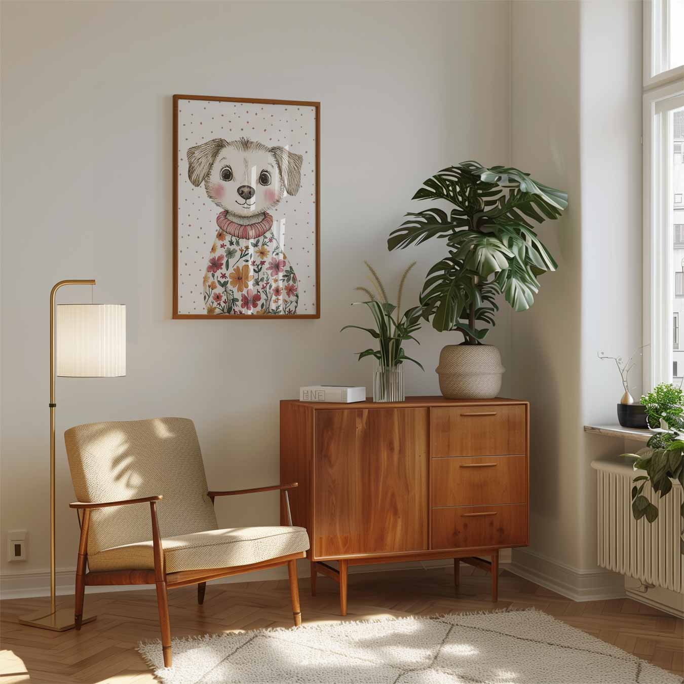 Schattige Puppy in Bloemen Trui Poster-WallArtistic