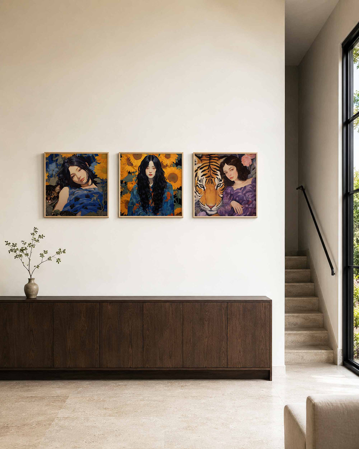 Interieurpresentatie van een driedelige vierkante posterset met vrouwen dieren bloemen
