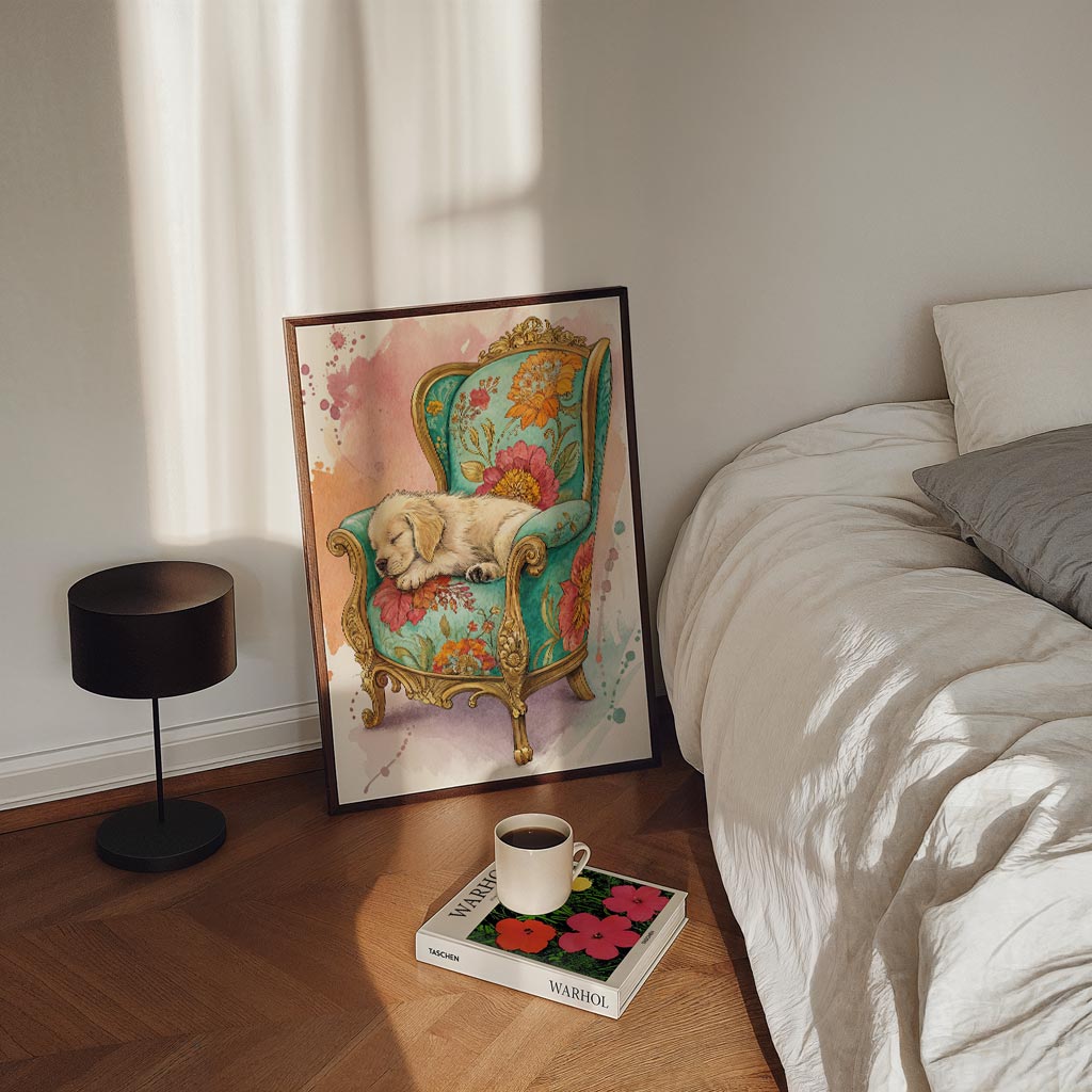 Hond op Sierstoel Poster-WallArtistic