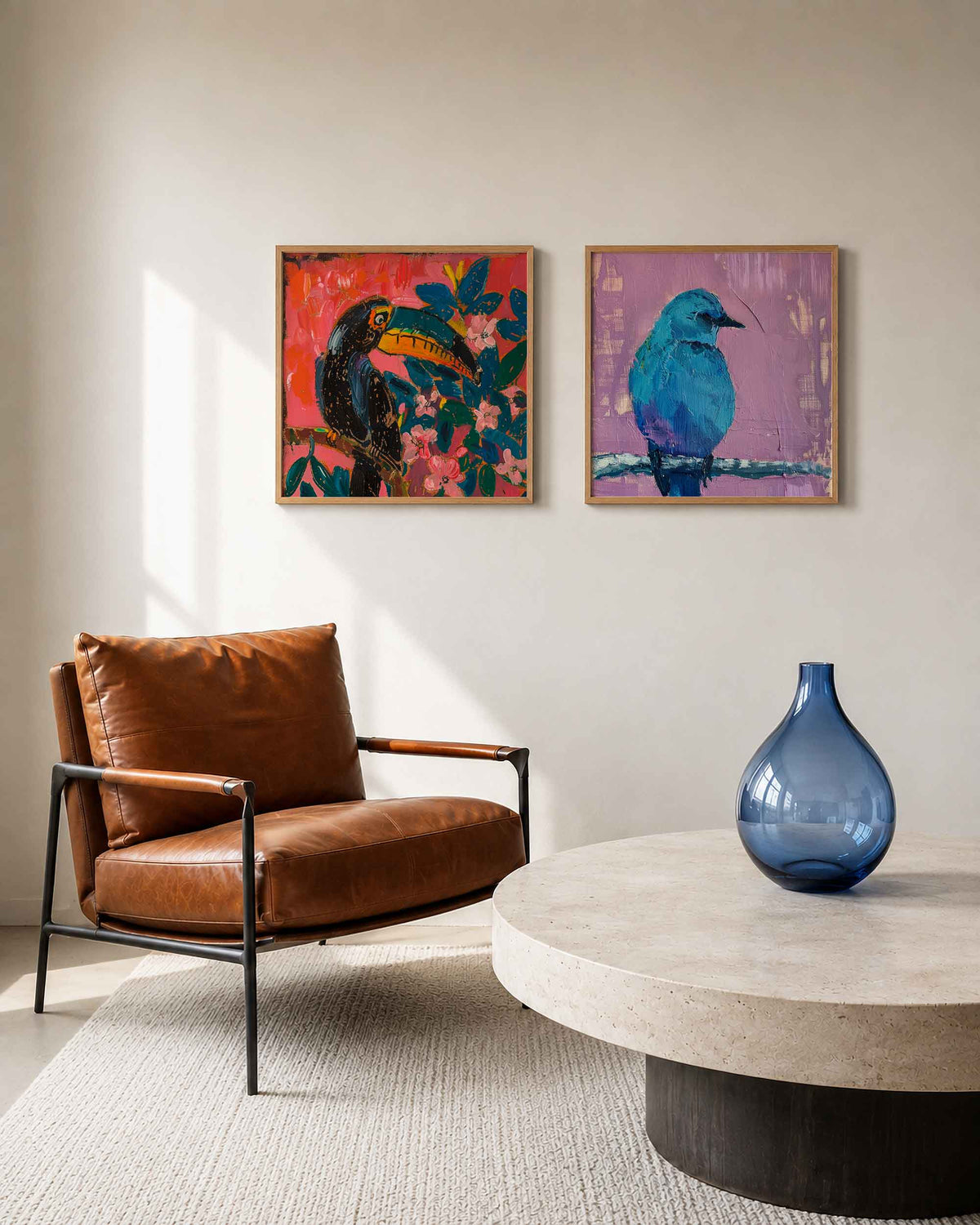 Interieurpresentatie van een tweedelige vierkante posterset met toekan en blauwe vogel