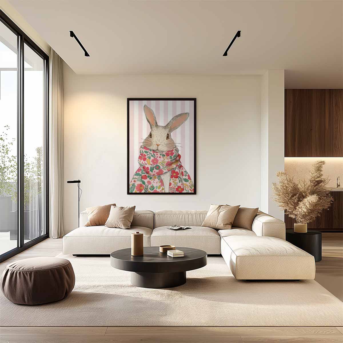 Stijlvolle Konijnenprint met Bloemendetail Kunstwerk-canvas-dibond-plexiglas-wanddecoratie-WallArtistic